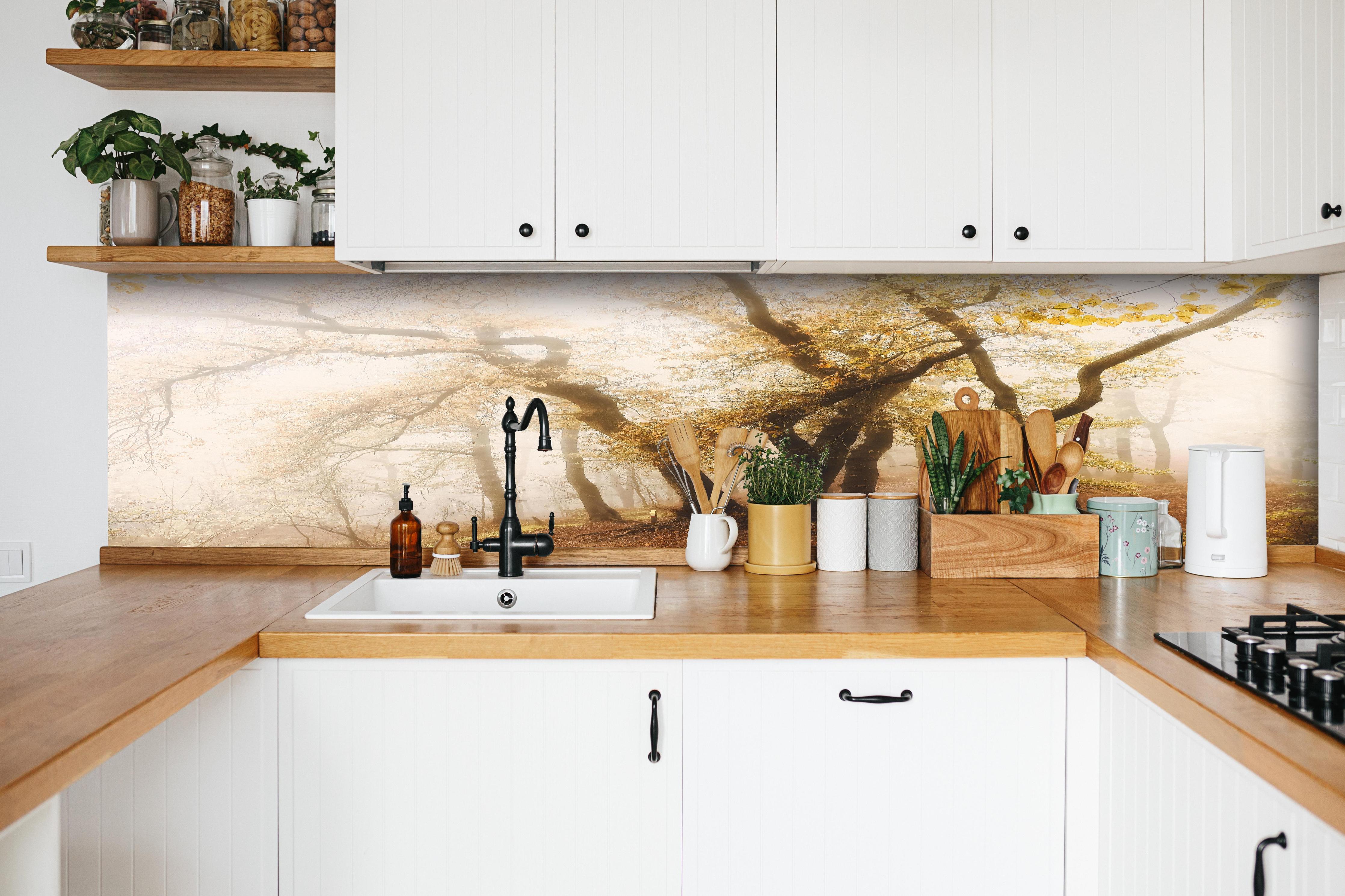 Küche - Nebeliger Wald im Herbst hinter weißen Hochglanz-Küchenregalen und schwarzem Wasserhahn