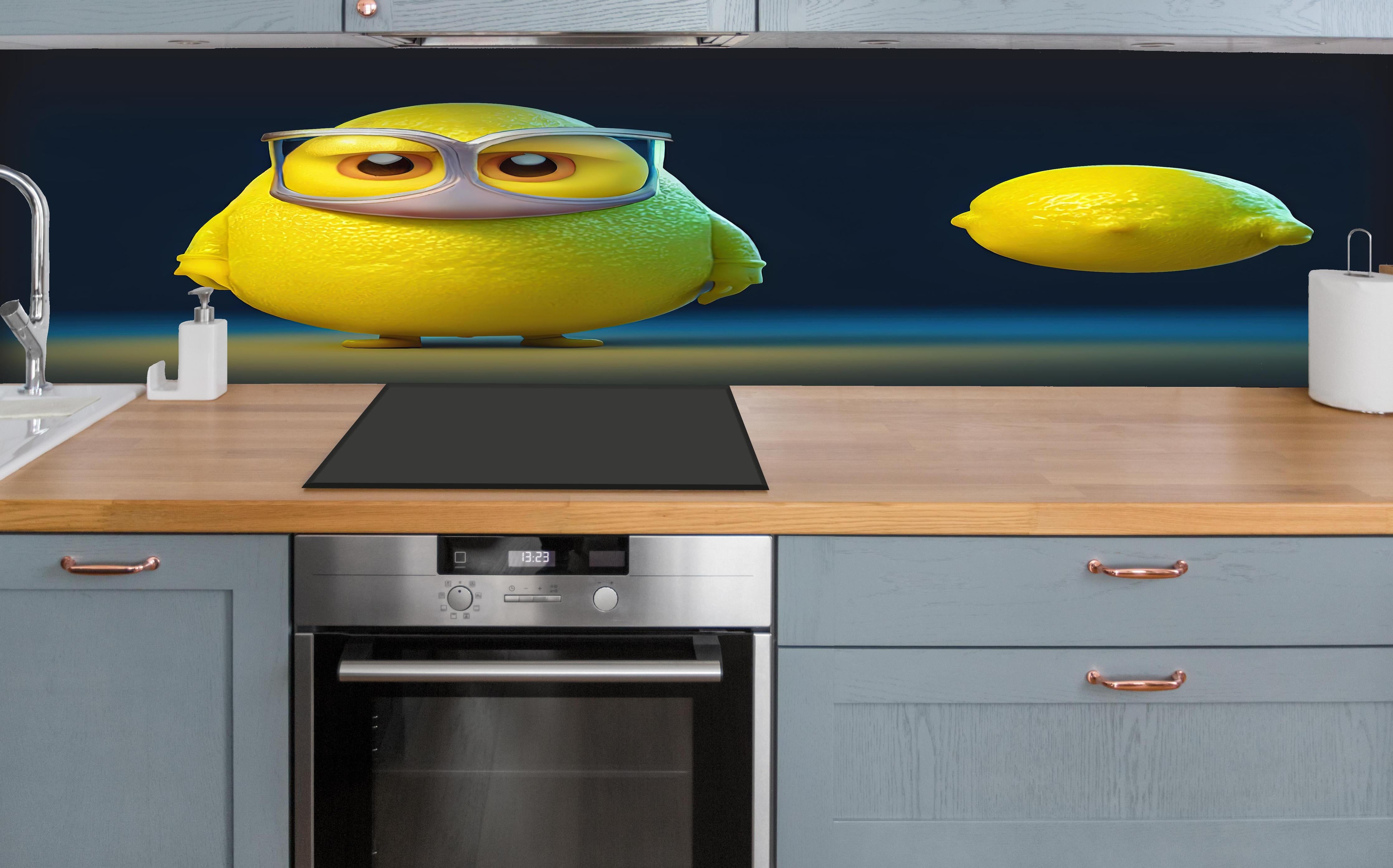 Küche - Nerdige Cartoon Zitrone hinter weißen Hochglanz-Küchenregalen und schwarzem Wasserhahn