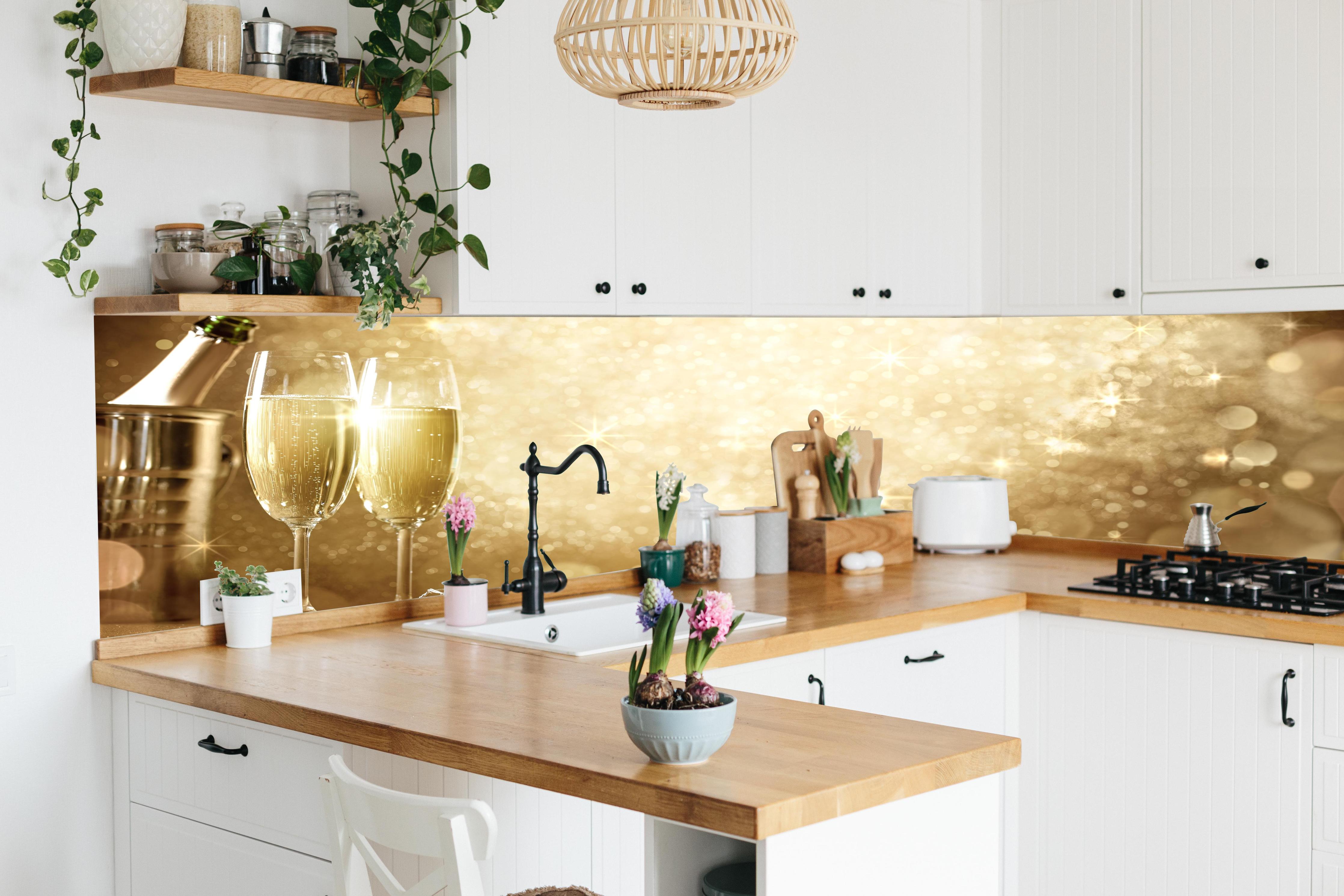 Küche - Neujahrsfeier hinter weißen Hochglanz-Küchenregalen und schwarzem Wasserhahn