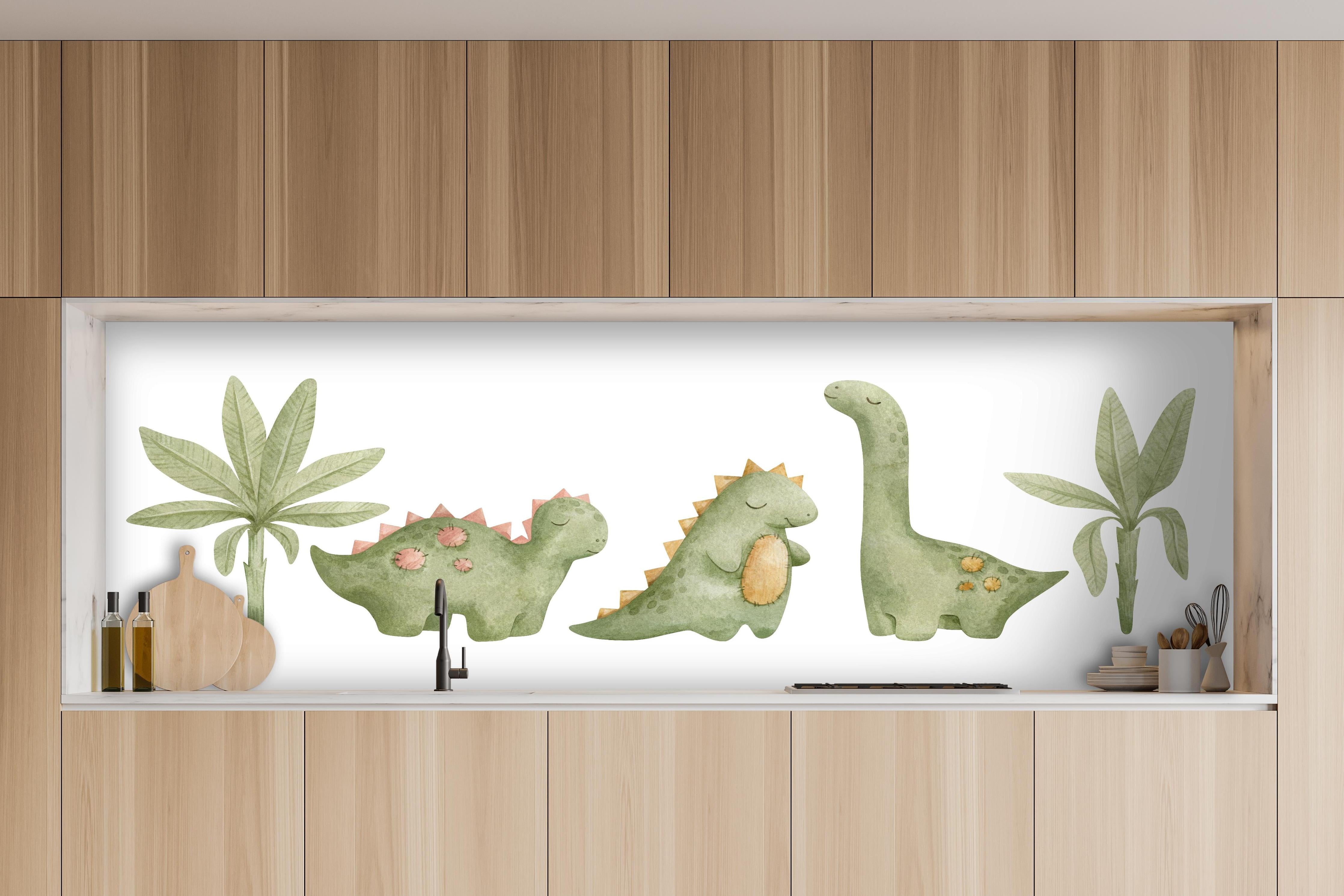 Küche - Niedliche Dinosaurier hinter weißen Hochglanz-Küchenregalen und schwarzem Wasserhahn