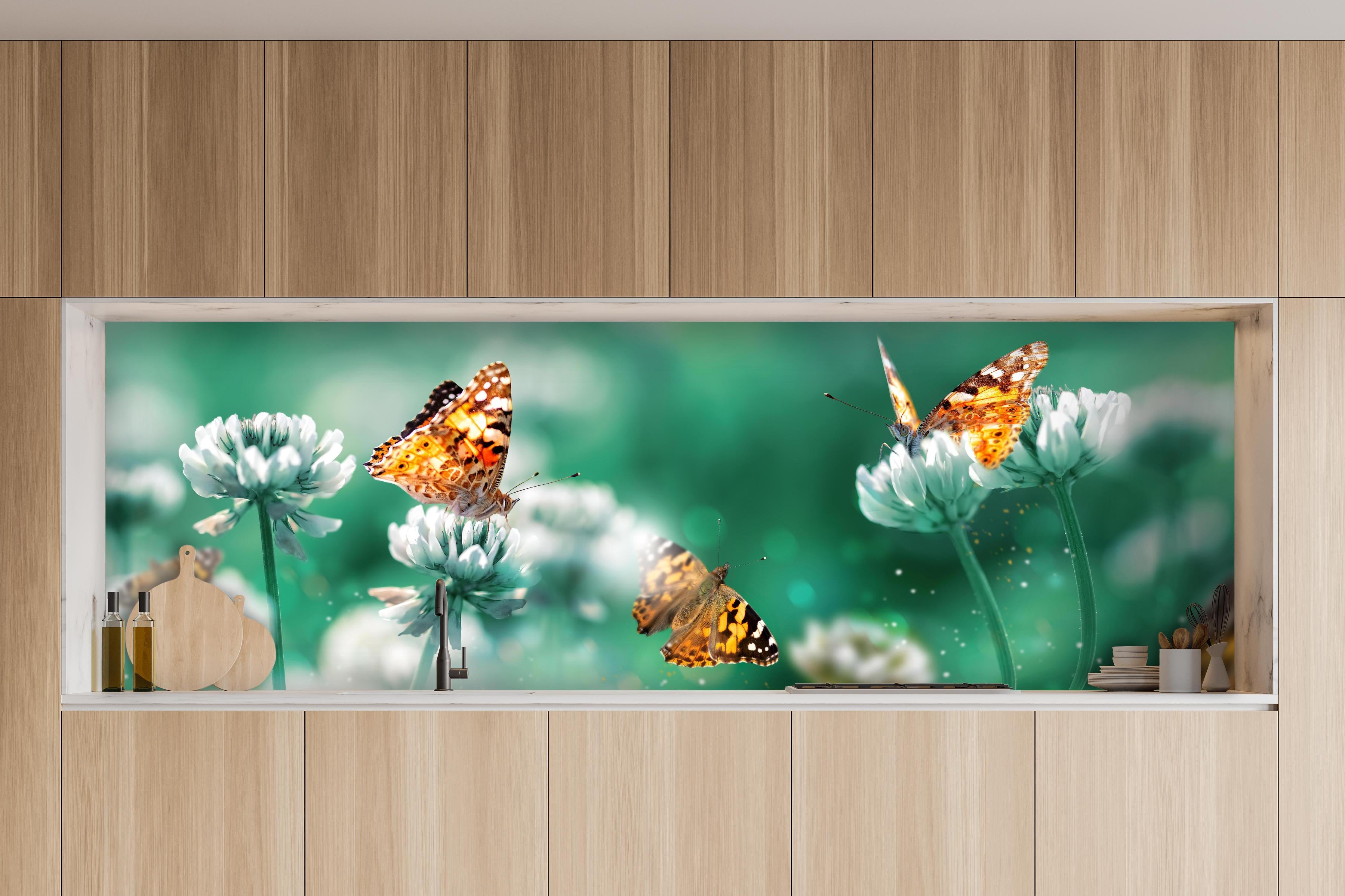 Küche - Orange Schmetterlinge Sommergarten hinter weißen Hochglanz-Küchenregalen und schwarzem Wasserhahn