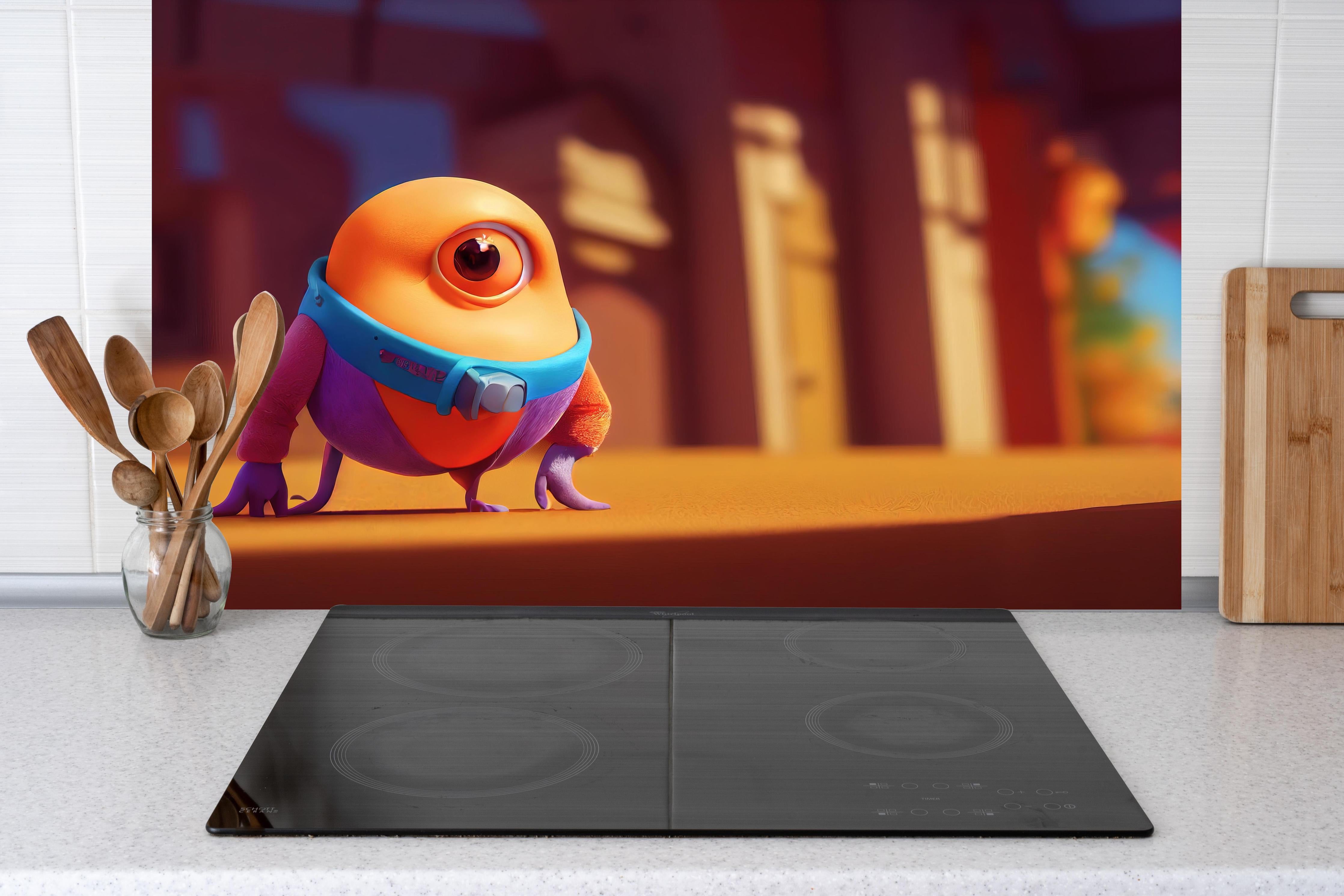 Küche - Orangenes Cartoon Männchen  hinter weißen Hochglanz-Küchenregalen und schwarzem Wasserhahn