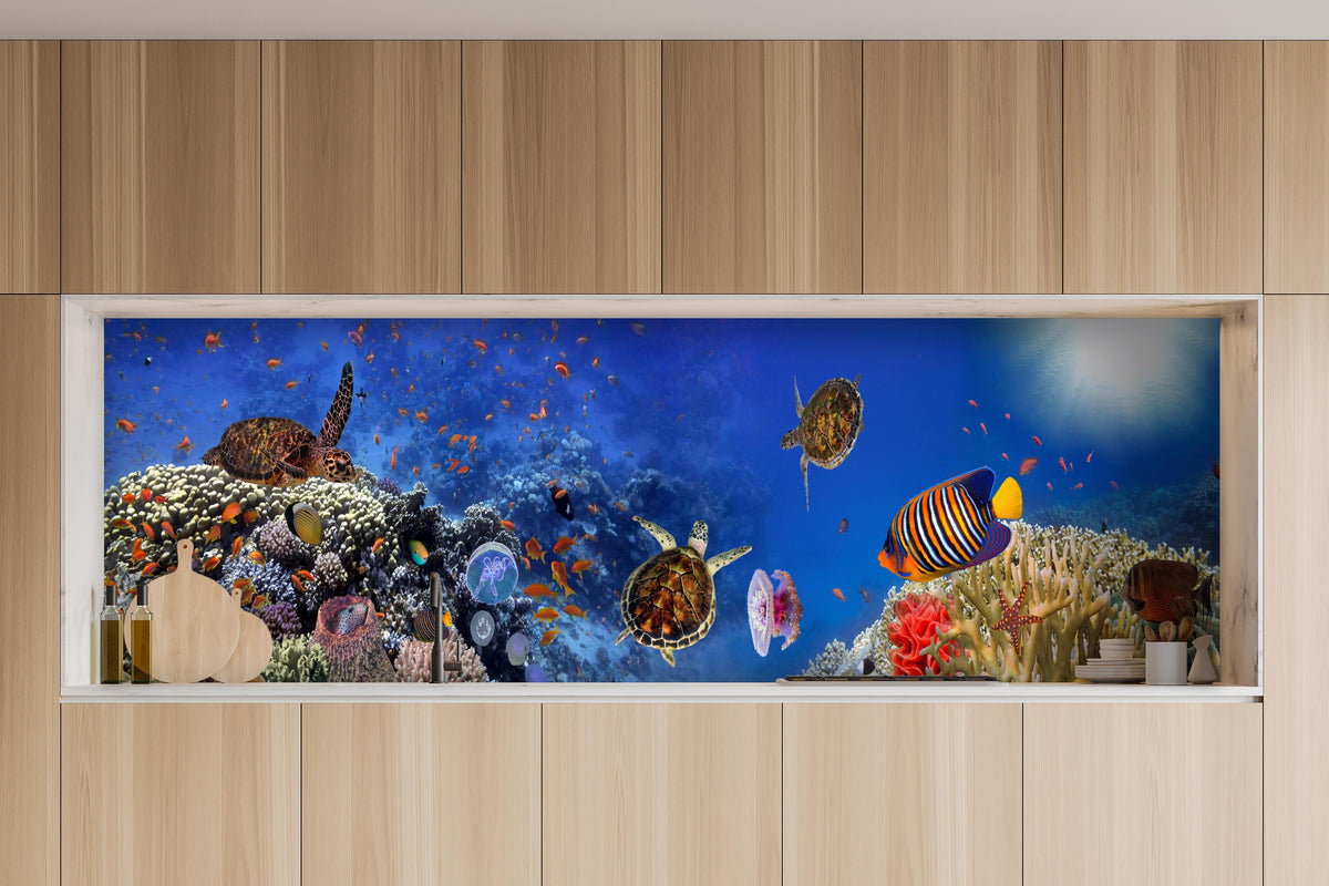 Küche - Panorama: Korallenriff mit Meerestieren hinter weißen Hochglanz-Küchenregalen und schwarzem Wasserhahn