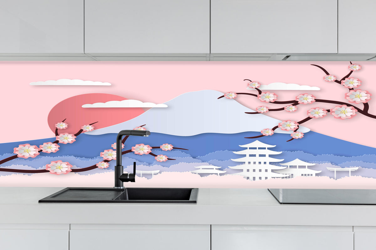 Küche - Papierkunst Japan Berge Sakura Sonnenuntergang hinter weißen Hochglanz-Küchenregalen und schwarzem Wasserhahn