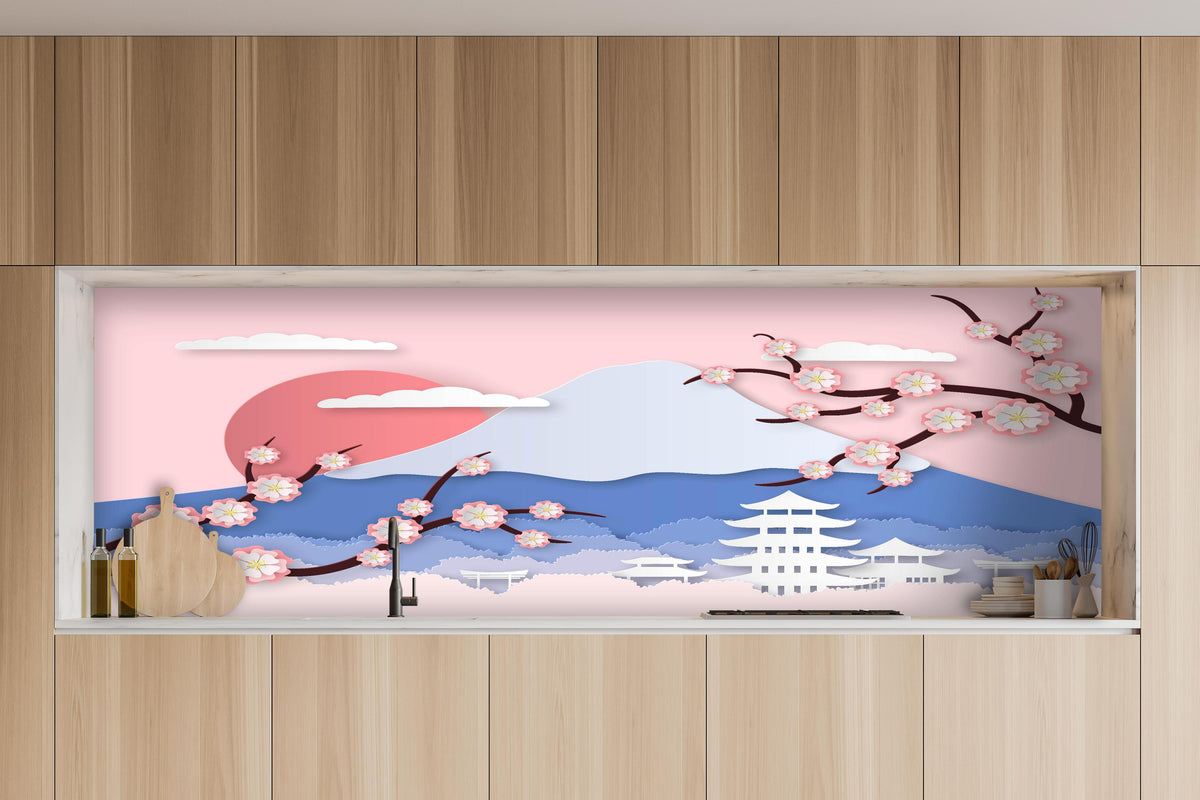 Küche - Papierkunst Japan Berge Sakura Sonnenuntergang hinter weißen Hochglanz-Küchenregalen und schwarzem Wasserhahn