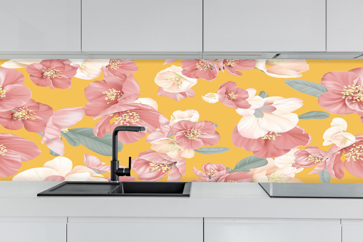 Küche - Quince Flowers Nahtloses Muster Pastellgelb hinter weißen Hochglanz-Küchenregalen und schwarzem Wasserhahn