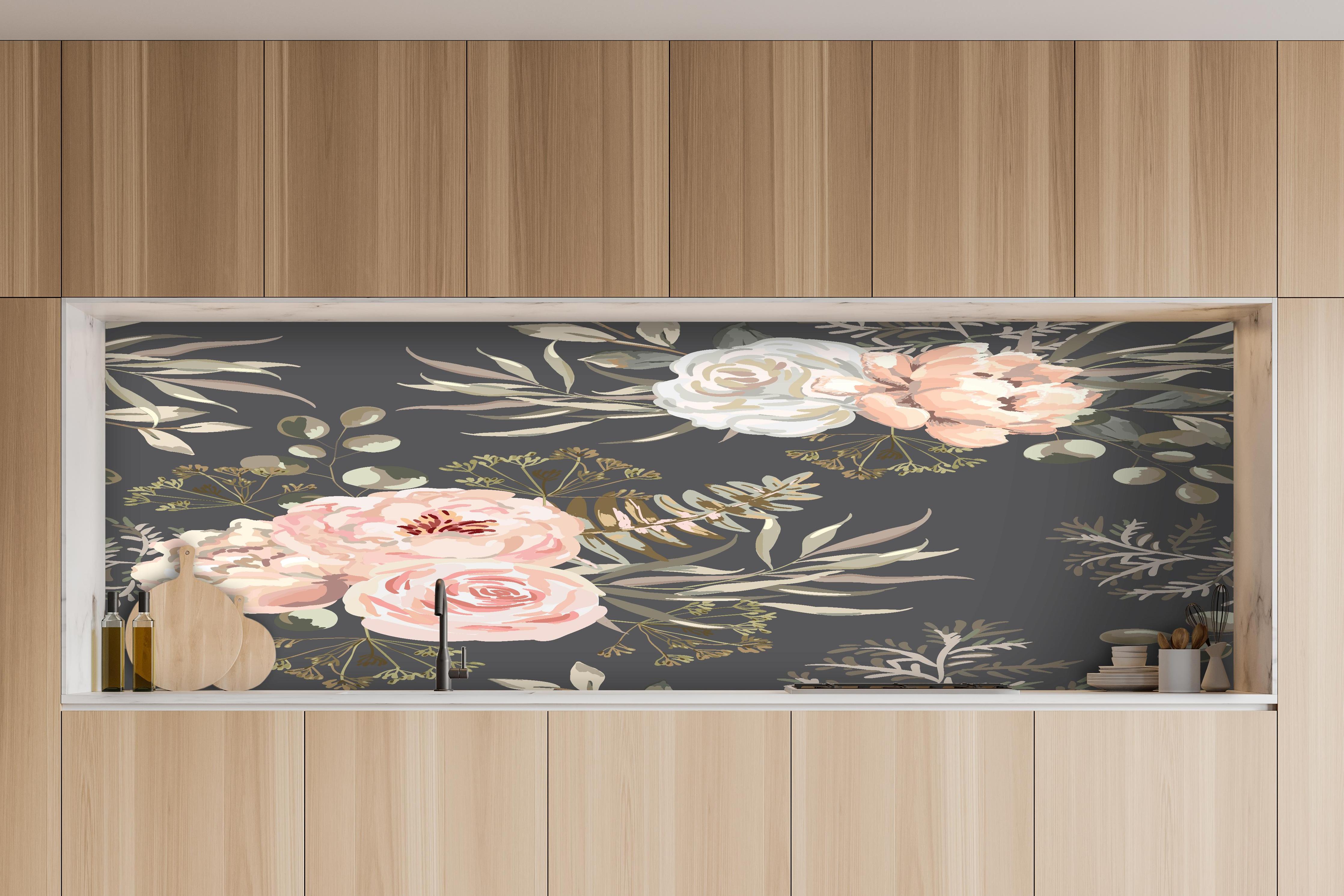 Küche - Rosa Blüten Dunkelgrau Muster hinter weißen Hochglanz-Küchenregalen und schwarzem Wasserhahn