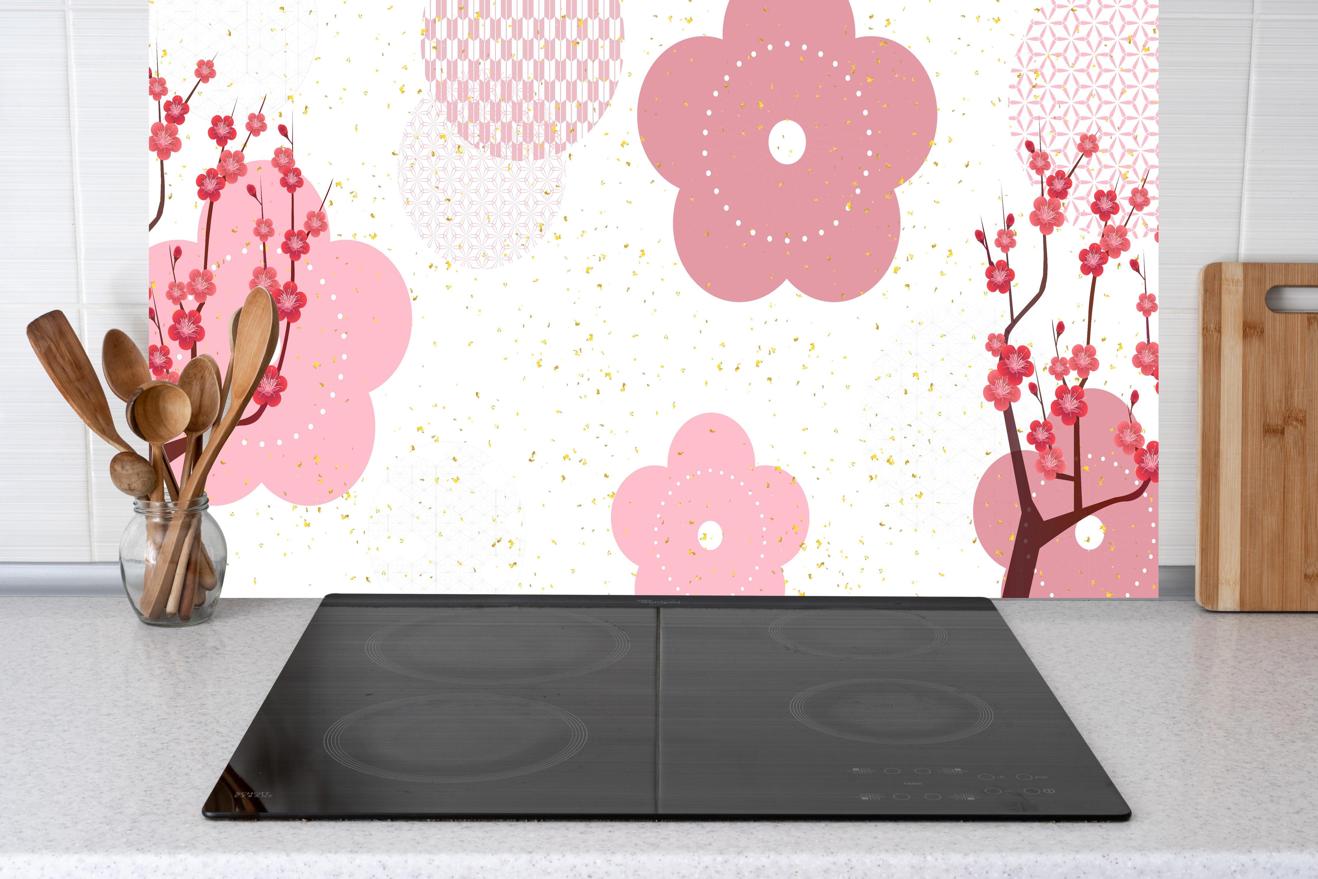 Küche - Rosa Kirschblüten Muster Illustration hinter weißen Hochglanz-Küchenregalen und schwarzem Wasserhahn
