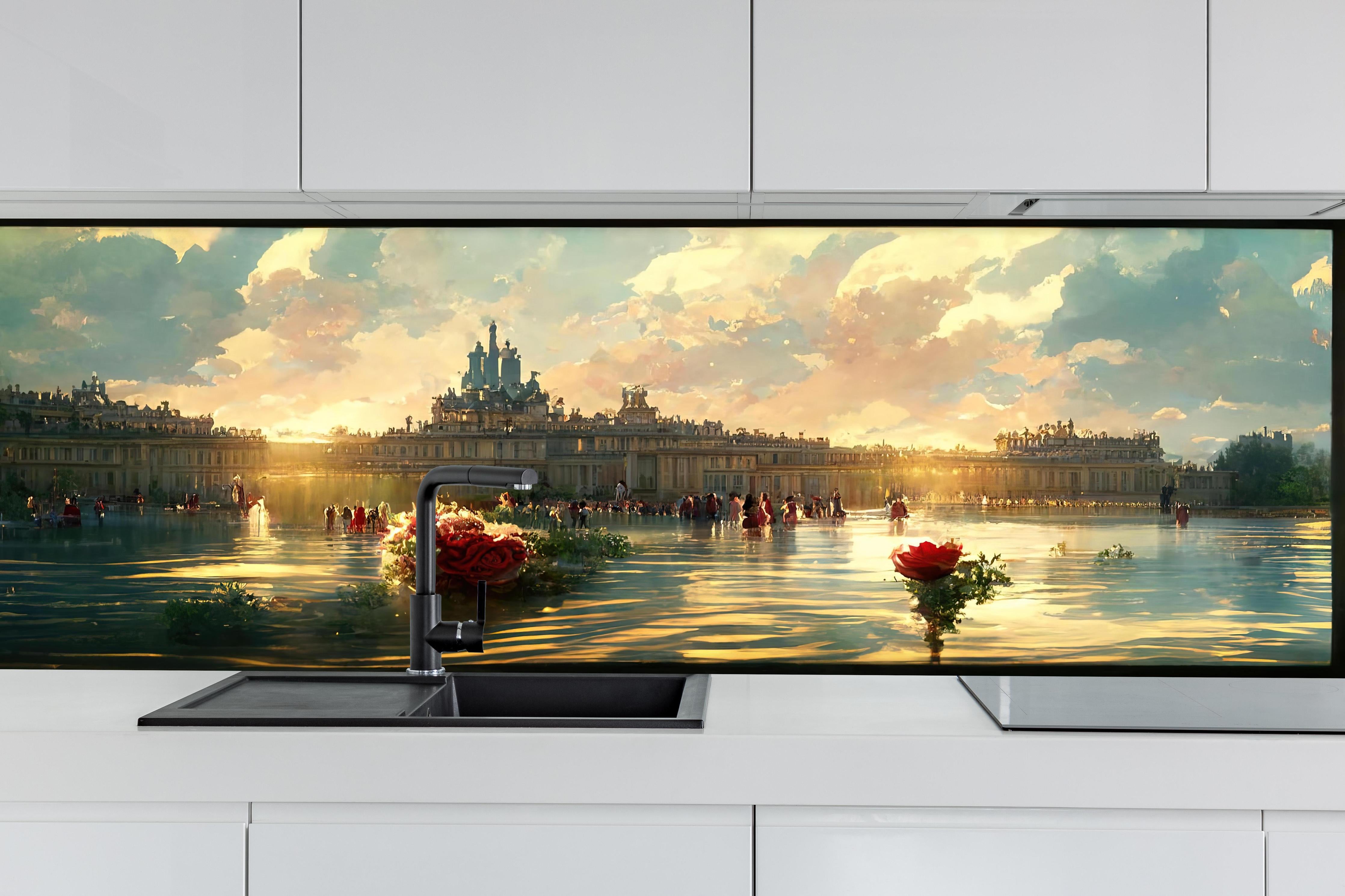 Küche - Schloss - Moderne Farben hinter weißen Hochglanz-Küchenregalen und schwarzem Wasserhahn