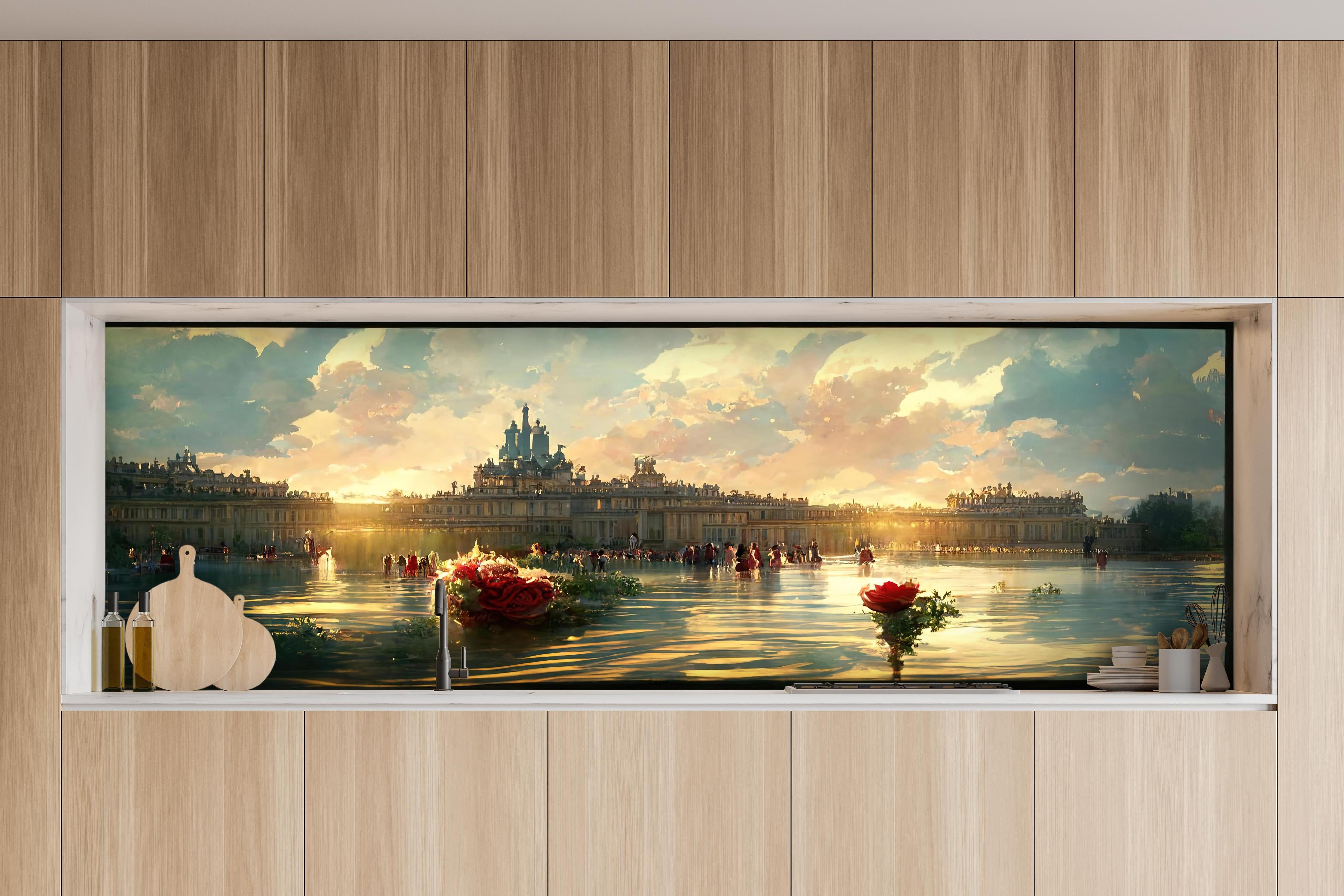 Küche - Schloss - Moderne Farben hinter weißen Hochglanz-Küchenregalen und schwarzem Wasserhahn