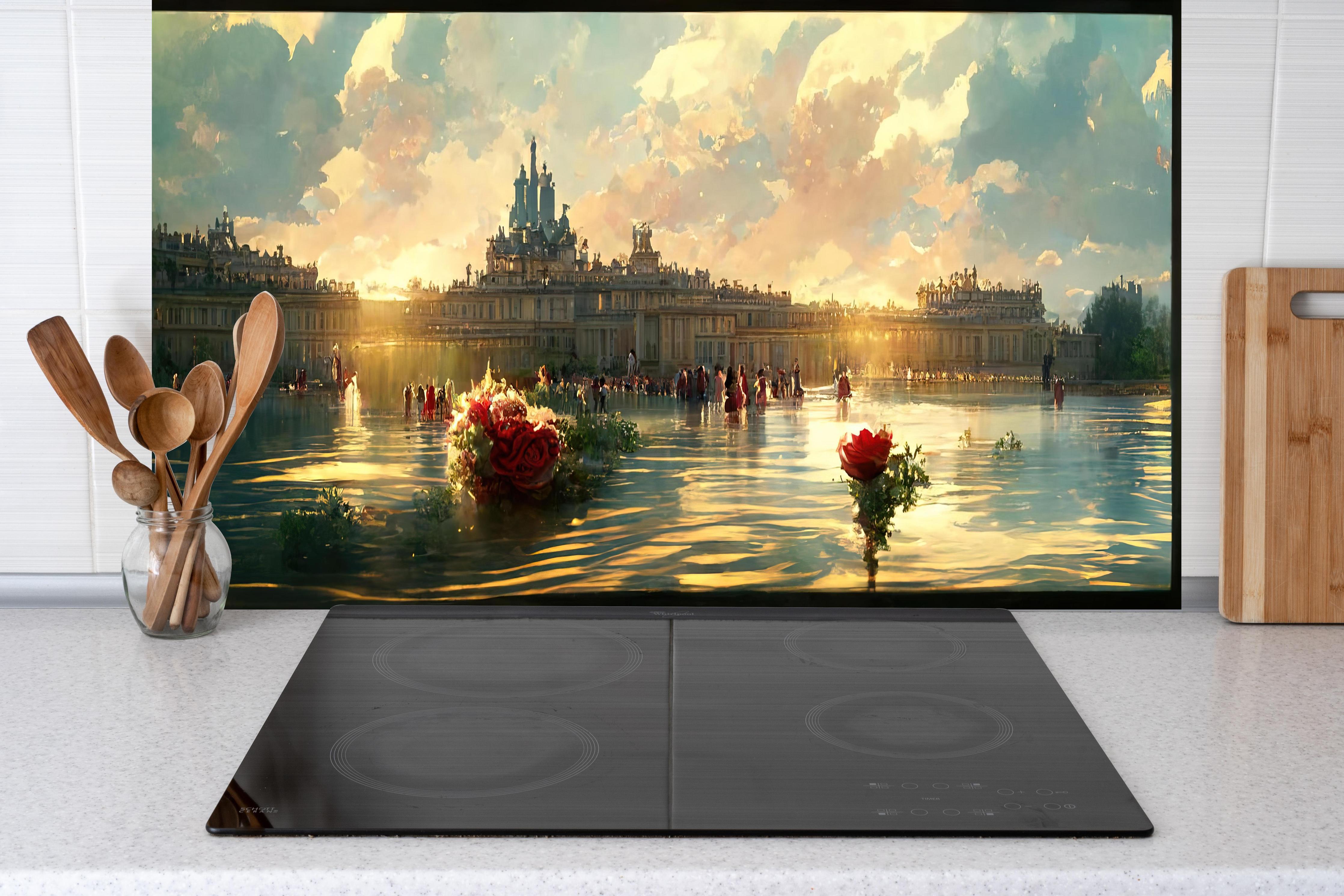 Küche - Schloss - Moderne Farben hinter weißen Hochglanz-Küchenregalen und schwarzem Wasserhahn