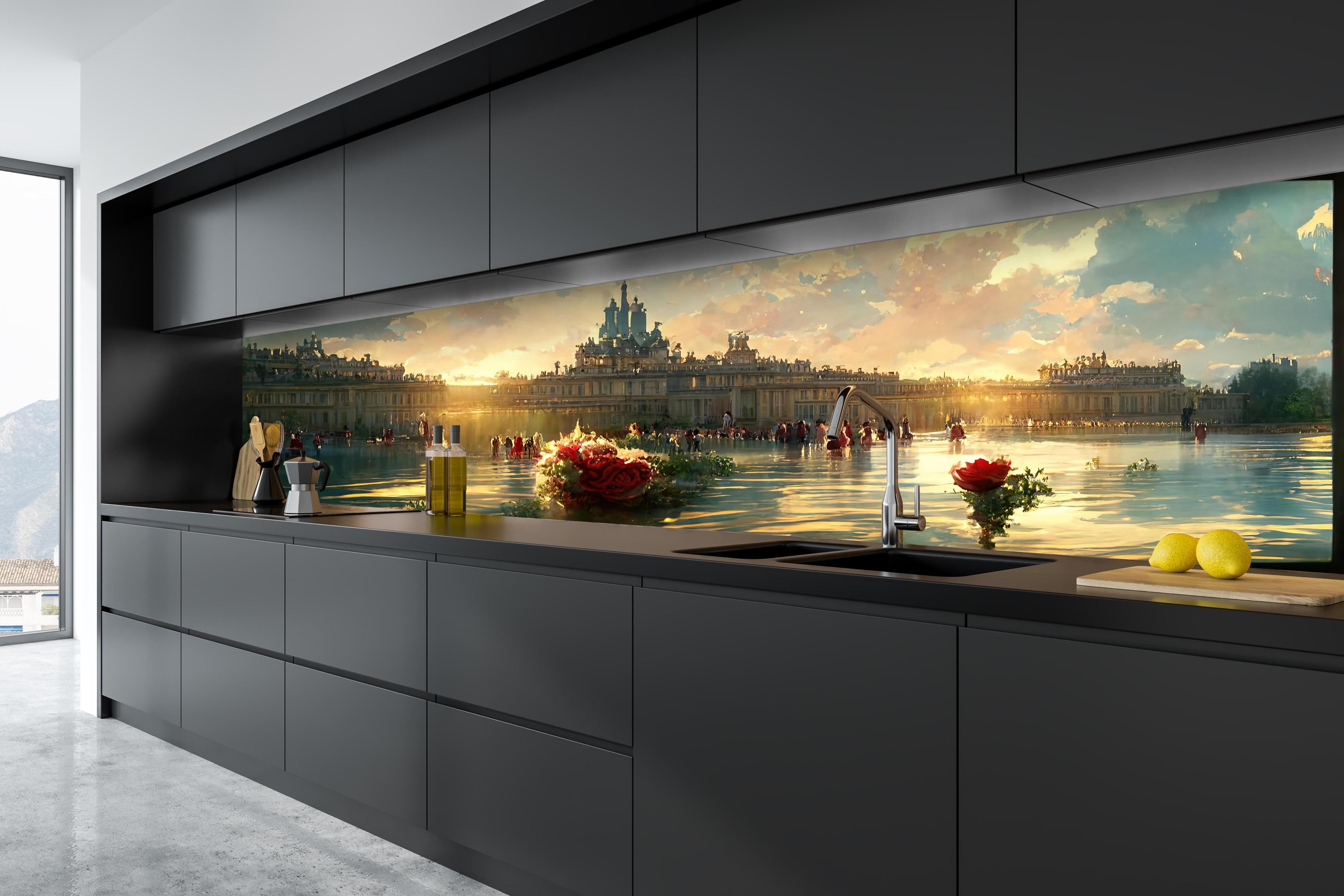 Küche - Schloss - Moderne Farben hinter weißen Hochglanz-Küchenregalen und schwarzem Wasserhahn