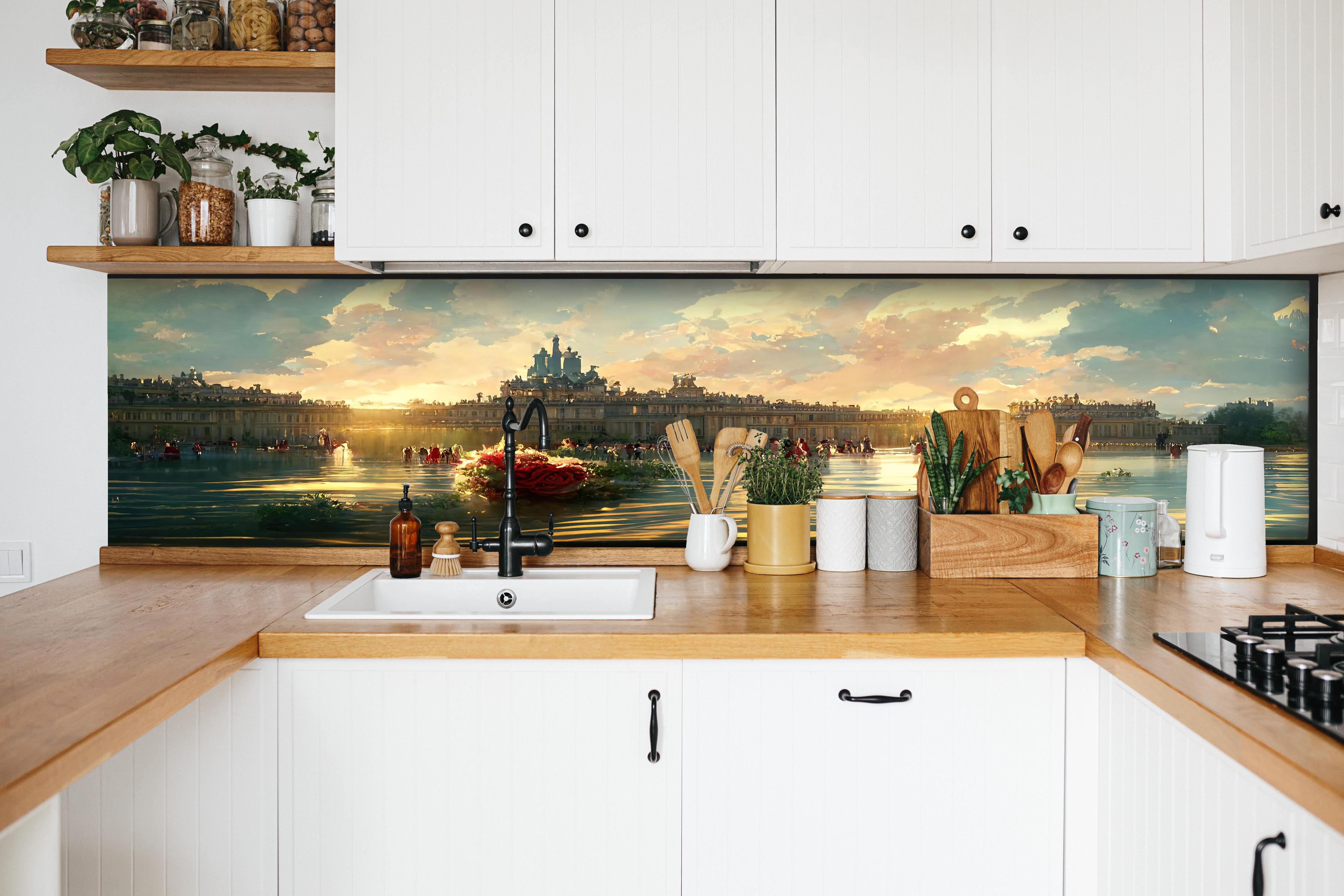 Küche - Schloss - Moderne Farben hinter weißen Hochglanz-Küchenregalen und schwarzem Wasserhahn