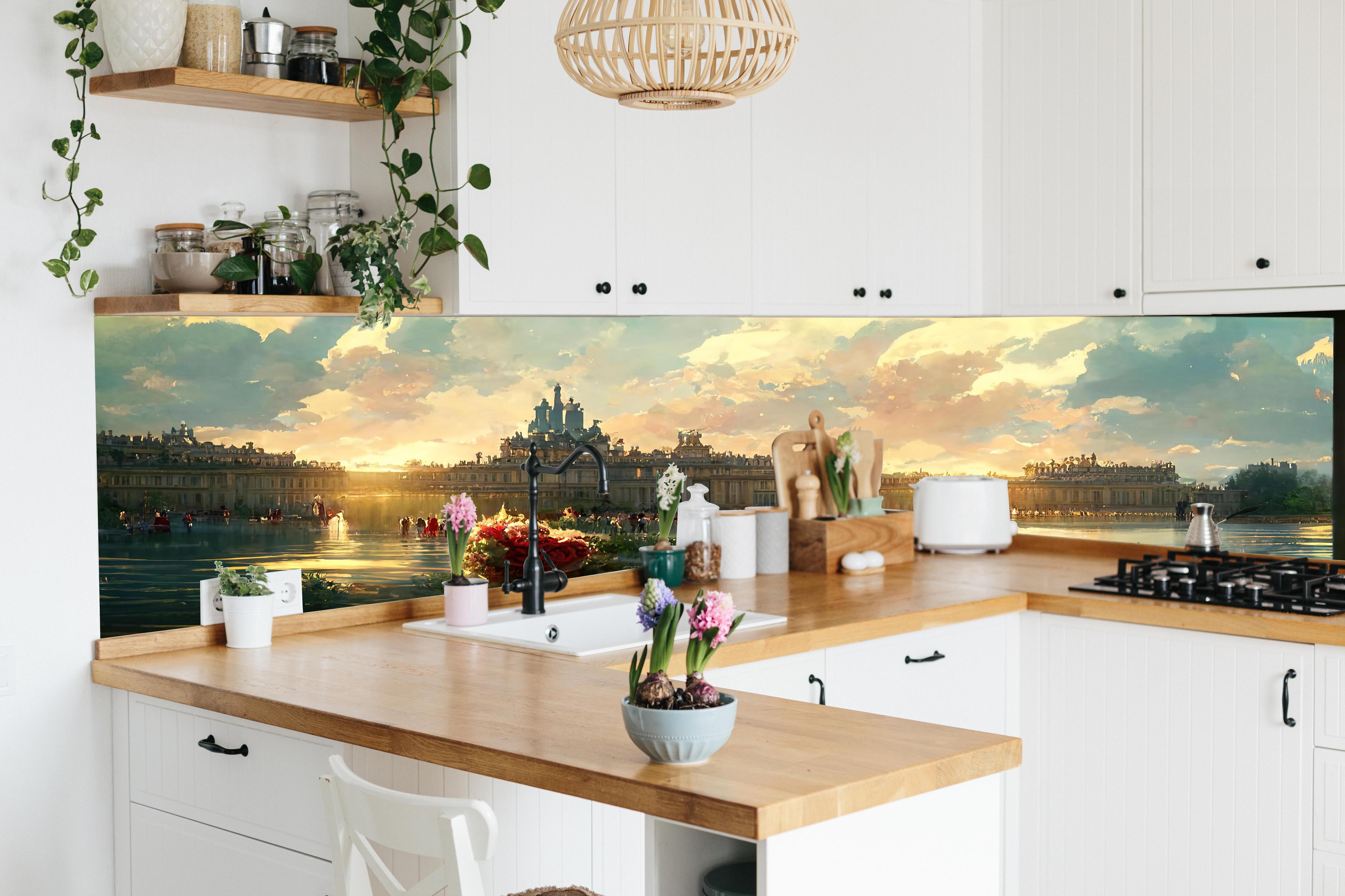 Küche - Schloss - Moderne Farben hinter weißen Hochglanz-Küchenregalen und schwarzem Wasserhahn