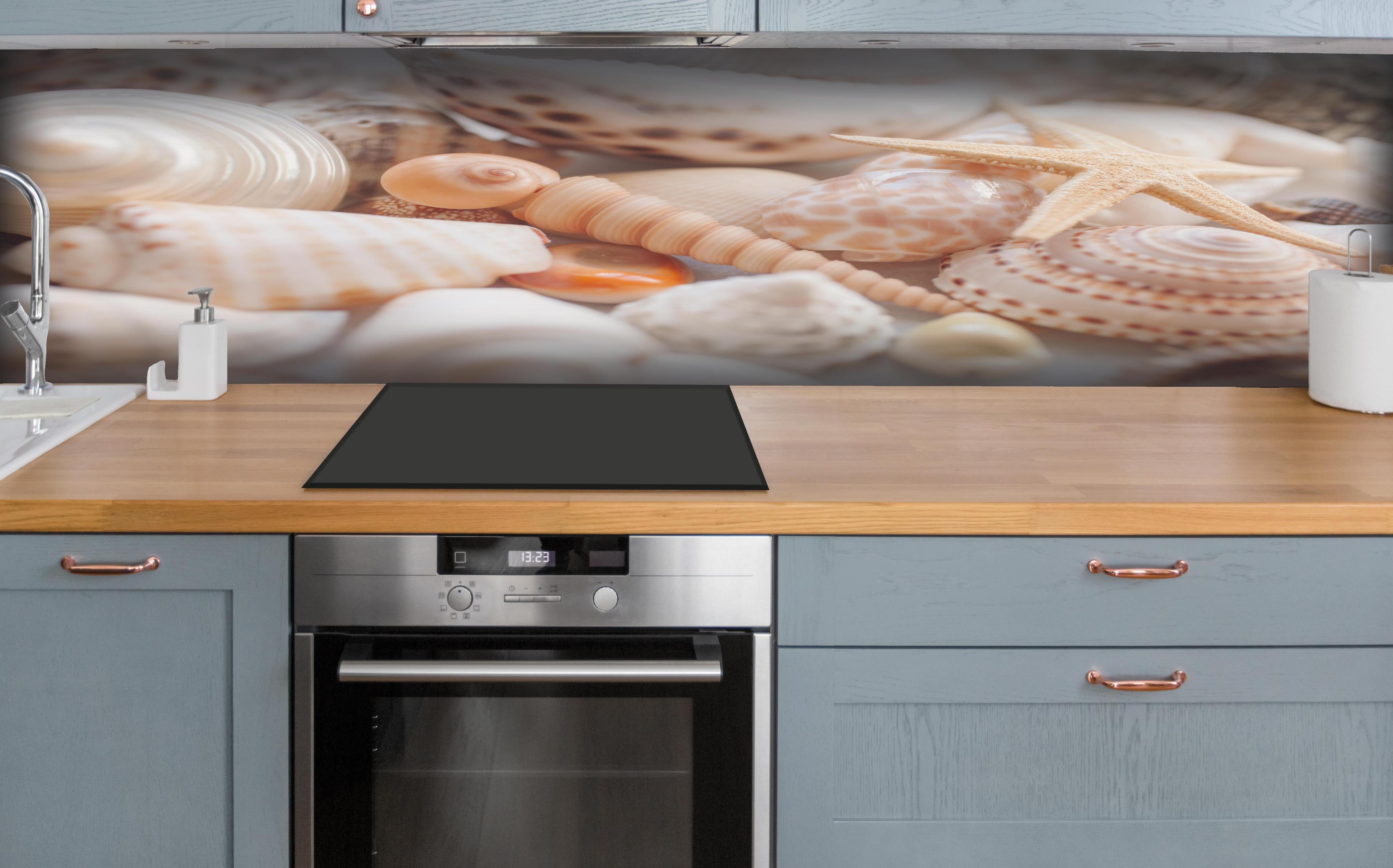 Küche - Schöne Muschelsammlung hinter weißen Hochglanz-Küchenregalen und schwarzem Wasserhahn