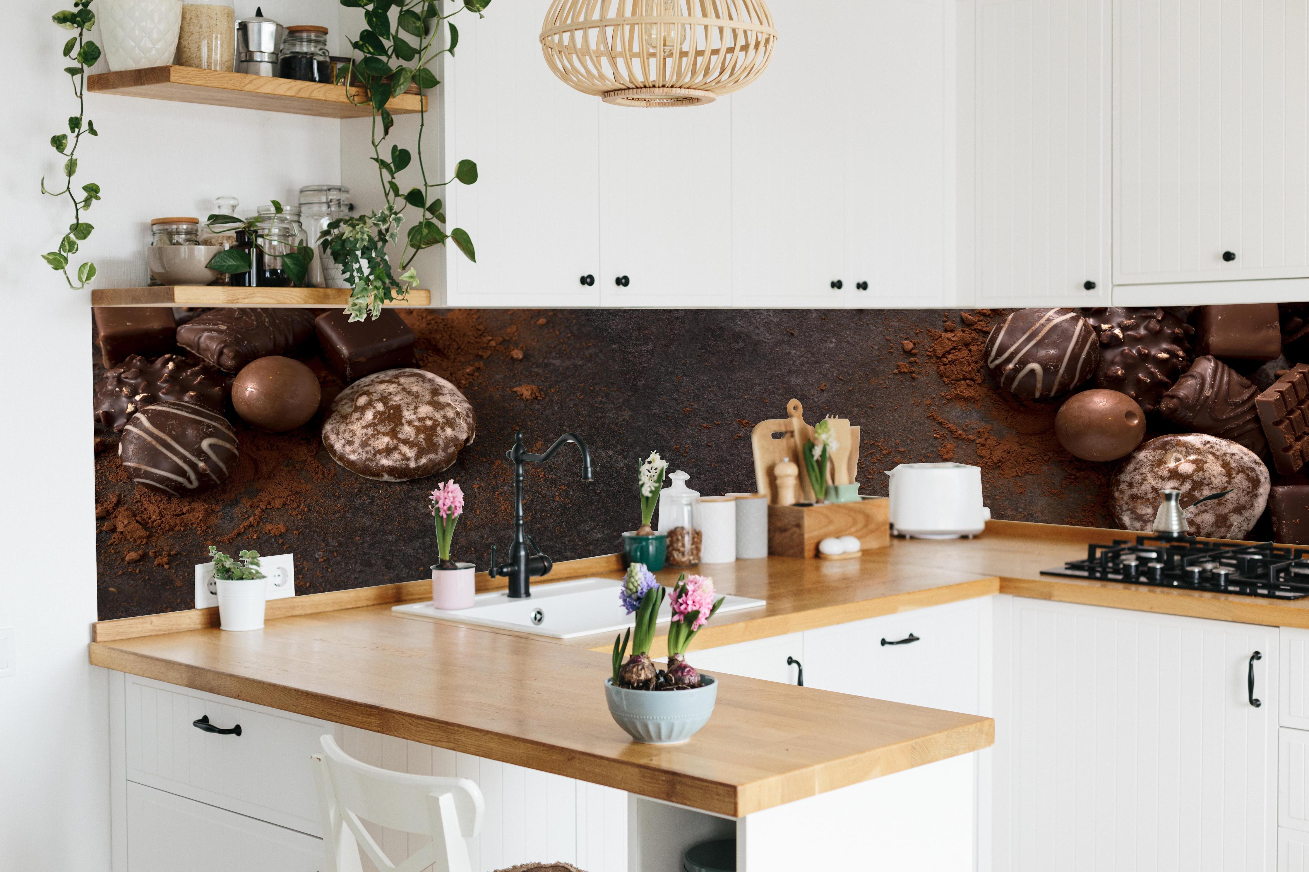 Küche - Schokoladenpralinen auf Schieferuntergrund hinter weißen Hochglanz-Küchenregalen und schwarzem Wasserhahn