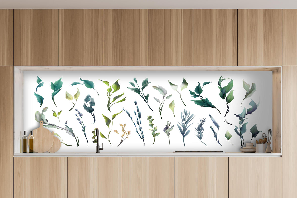 Küche - Set aus Aquarell Pflanzen Silhouetten hinter weißen Hochglanz-Küchenregalen und schwarzem Wasserhahn