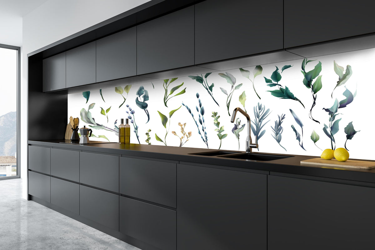 Küche - Set aus Aquarell Pflanzen Silhouetten hinter weißen Hochglanz-Küchenregalen und schwarzem Wasserhahn
