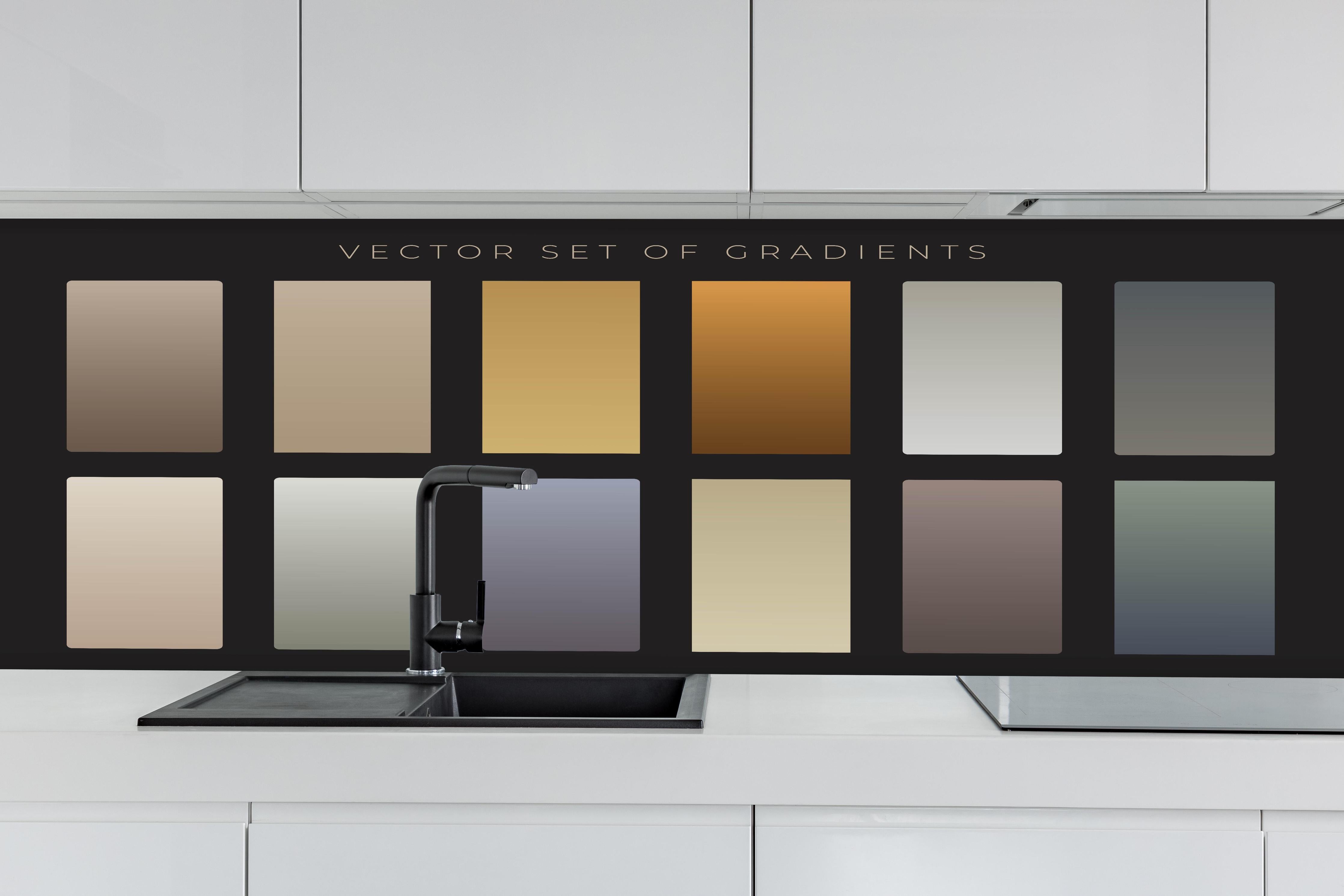 Küche - Set von sanften Vektor-Farbverläufen hinter weißen Hochglanz-Küchenregalen und schwarzem Wasserhahn