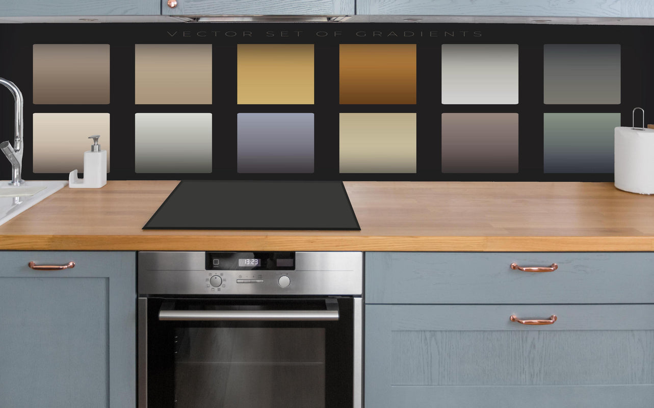 Küche - Set von sanften Vektor-Farbverläufen hinter weißen Hochglanz-Küchenregalen und schwarzem Wasserhahn