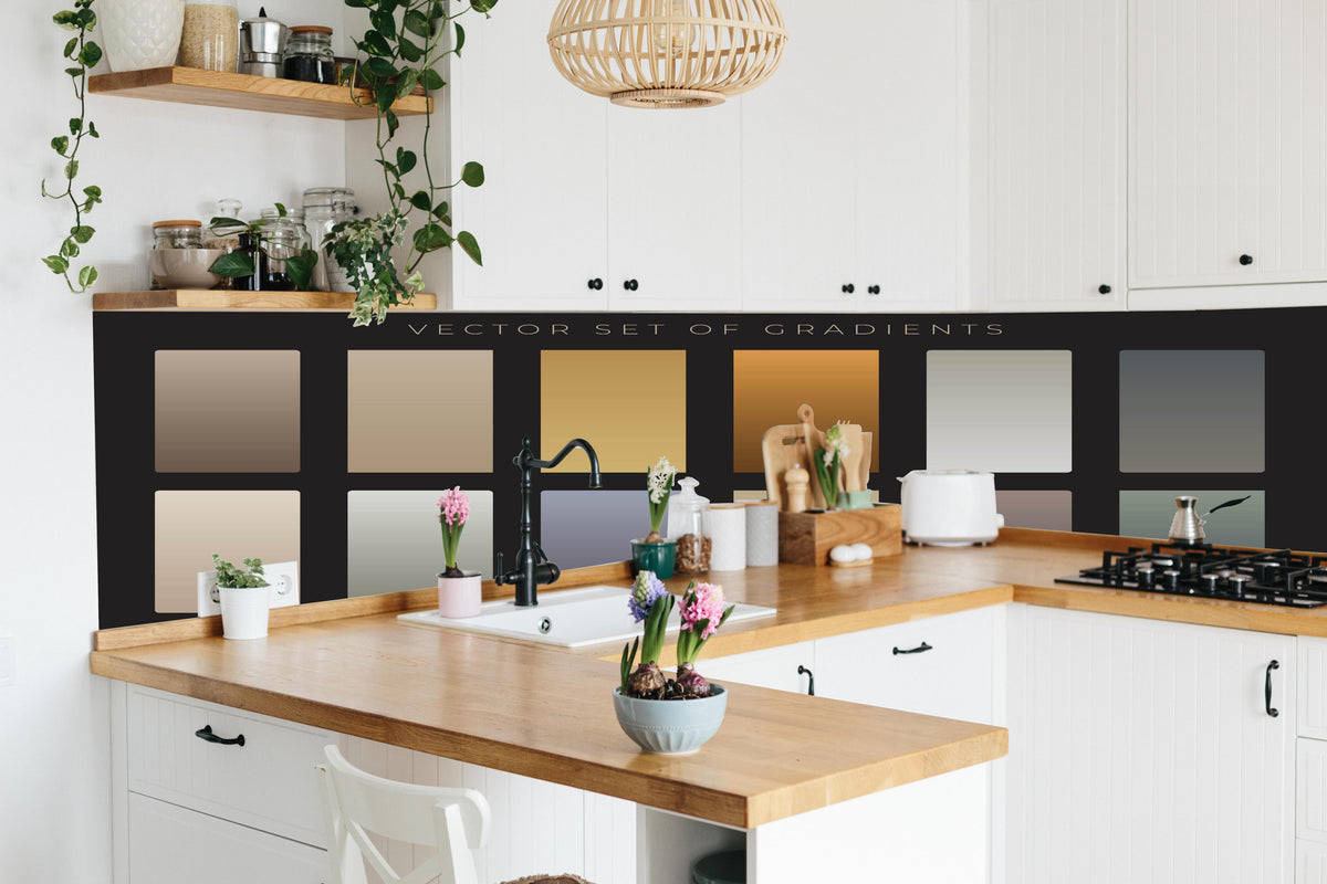 Küche - Set von sanften Vektor-Farbverläufen hinter weißen Hochglanz-Küchenregalen und schwarzem Wasserhahn