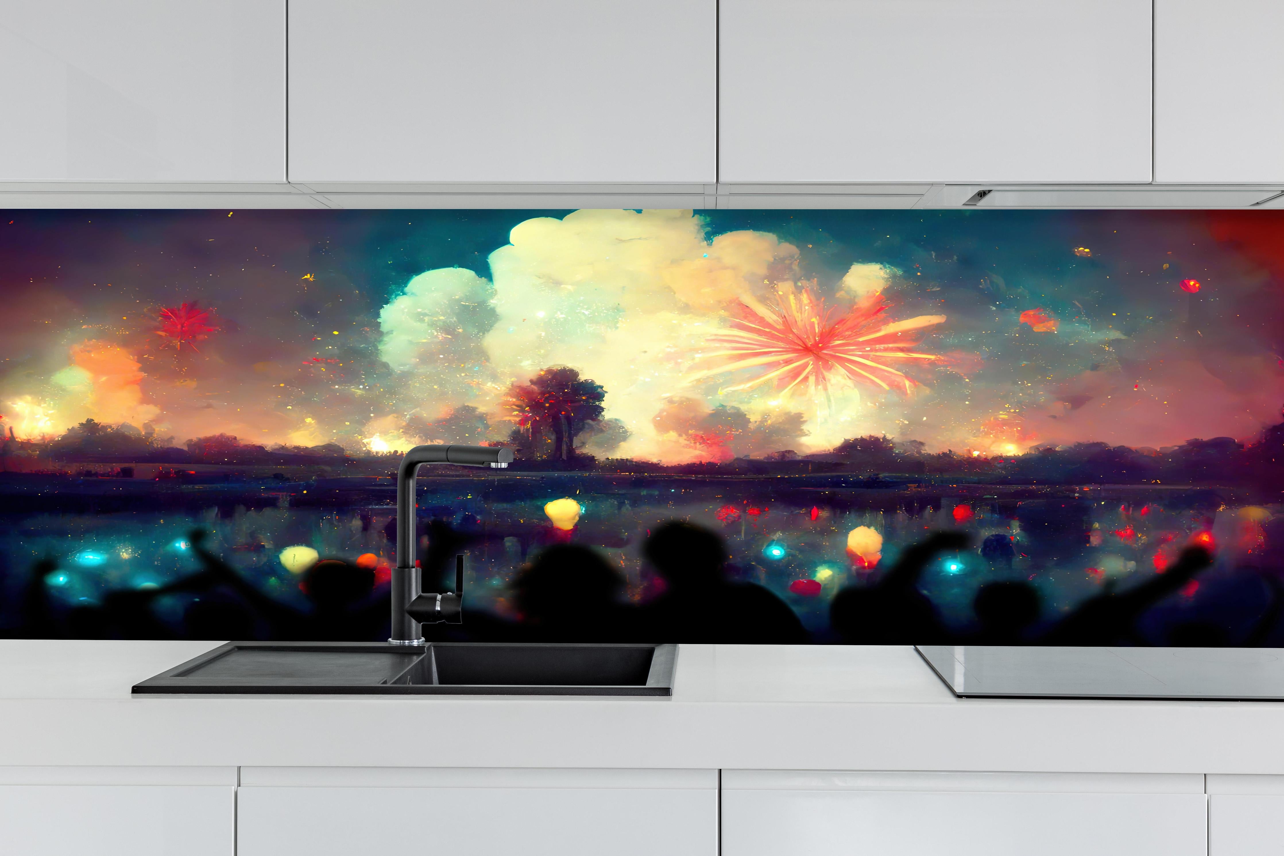 Küche - Silvesternacht - Illustration hinter weißen Hochglanz-Küchenregalen und schwarzem Wasserhahn