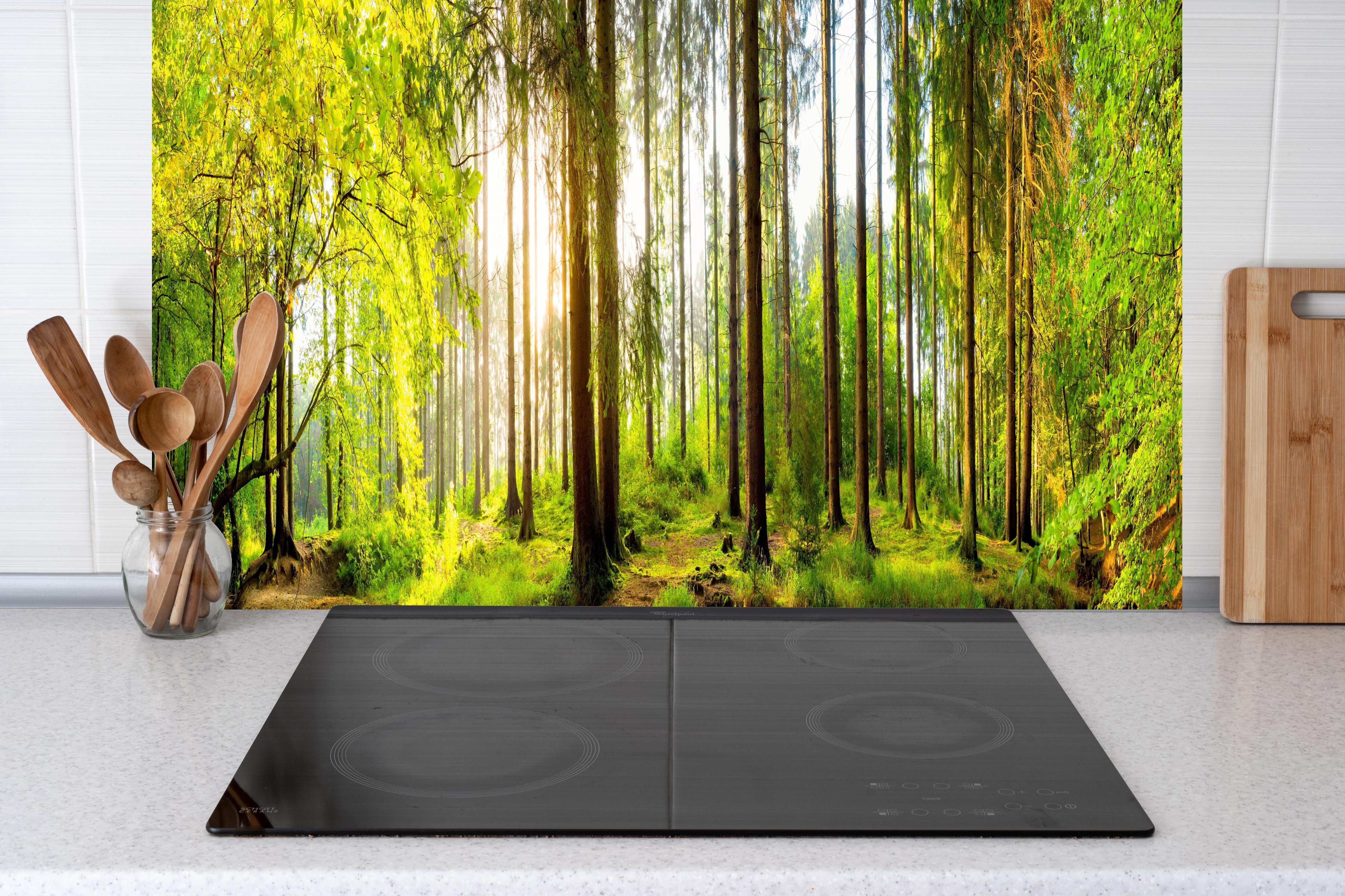 Küche - Sonnenlicht durchfluteter Wald Leinwandbild hinter weißen Hochglanz-Küchenregalen und schwarzem Wasserhahn