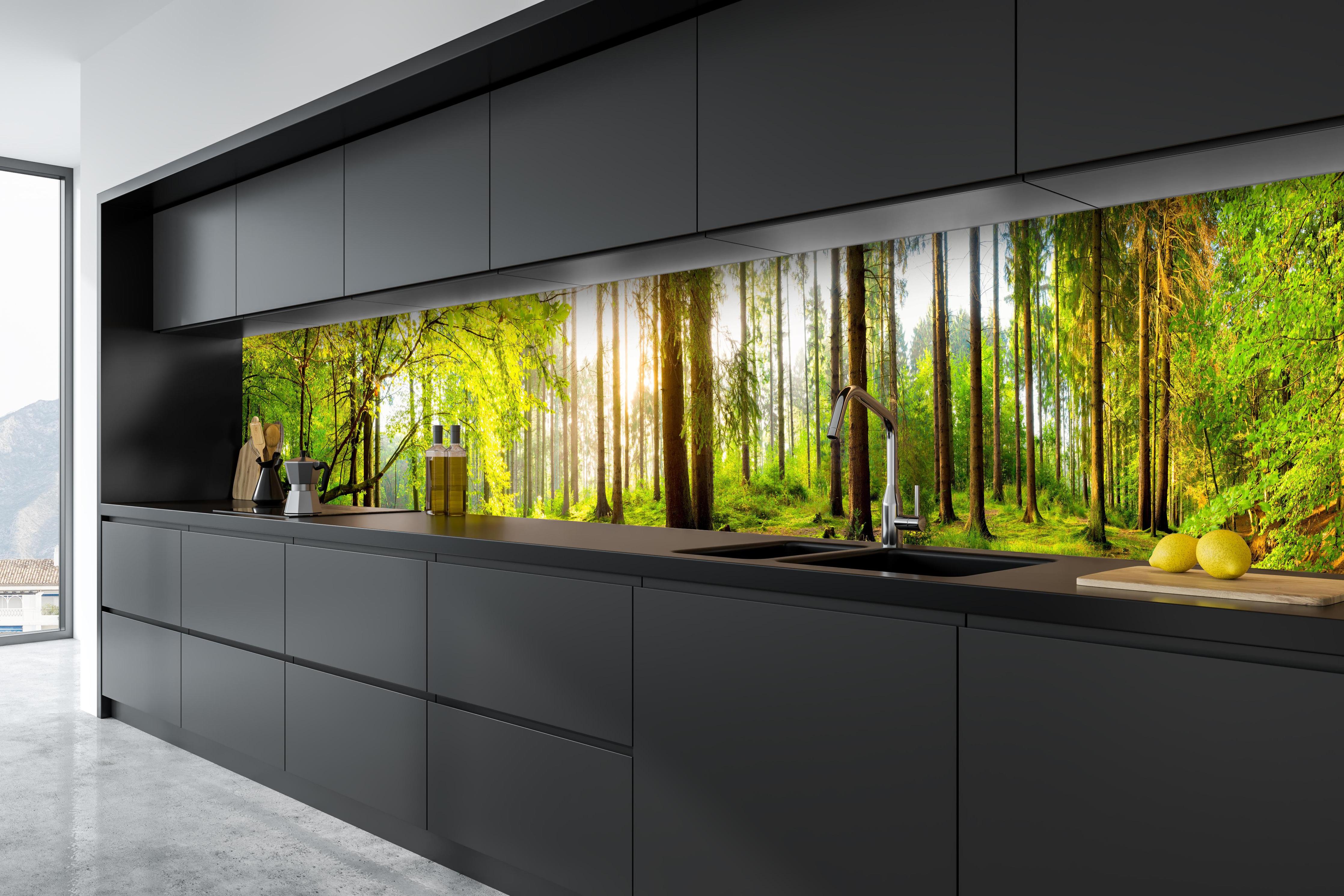 Küche - Sonnenlicht durchfluteter Wald Leinwandbild hinter weißen Hochglanz-Küchenregalen und schwarzem Wasserhahn