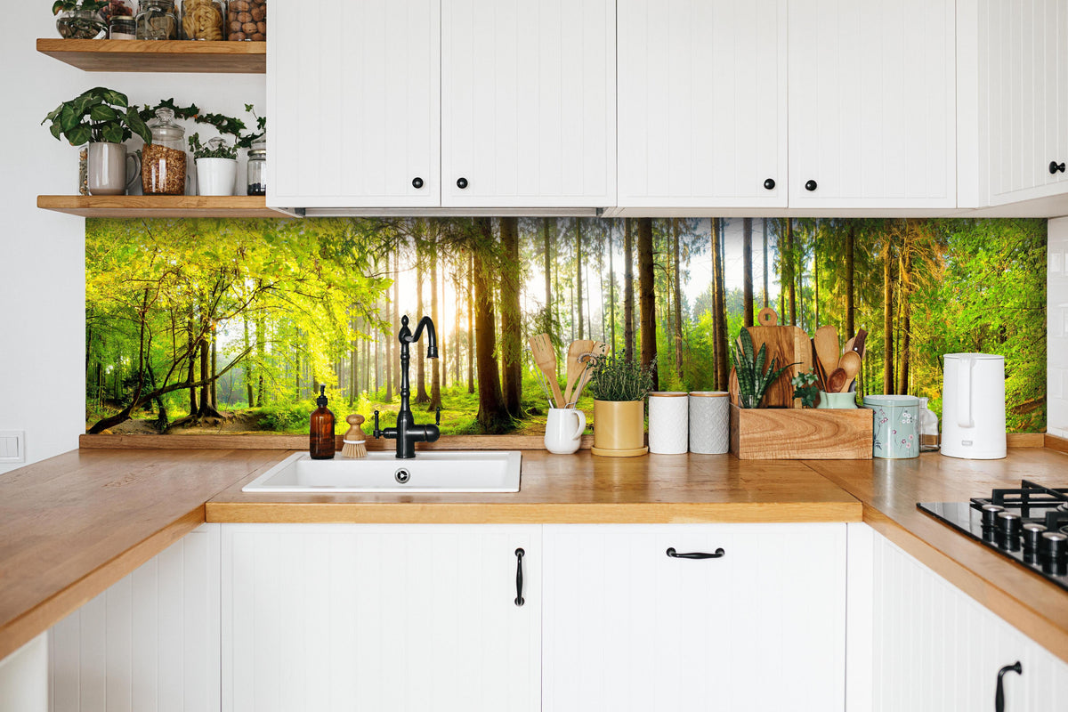Küche - Sonnenlicht durchfluteter Wald Leinwandbild hinter weißen Hochglanz-Küchenregalen und schwarzem Wasserhahn