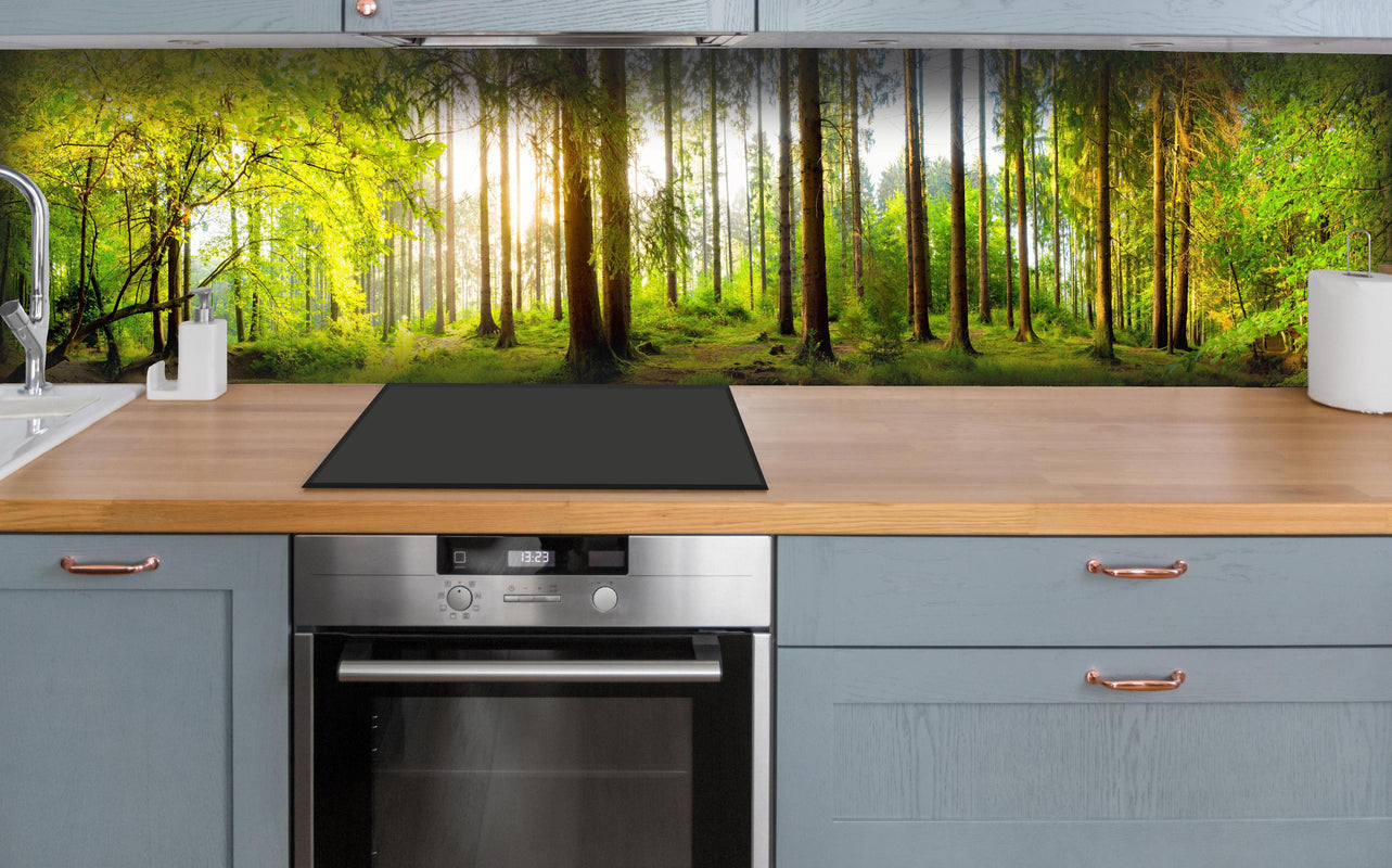 Küche - Sonnenlicht durchfluteter Wald Leinwandbild hinter weißen Hochglanz-Küchenregalen und schwarzem Wasserhahn