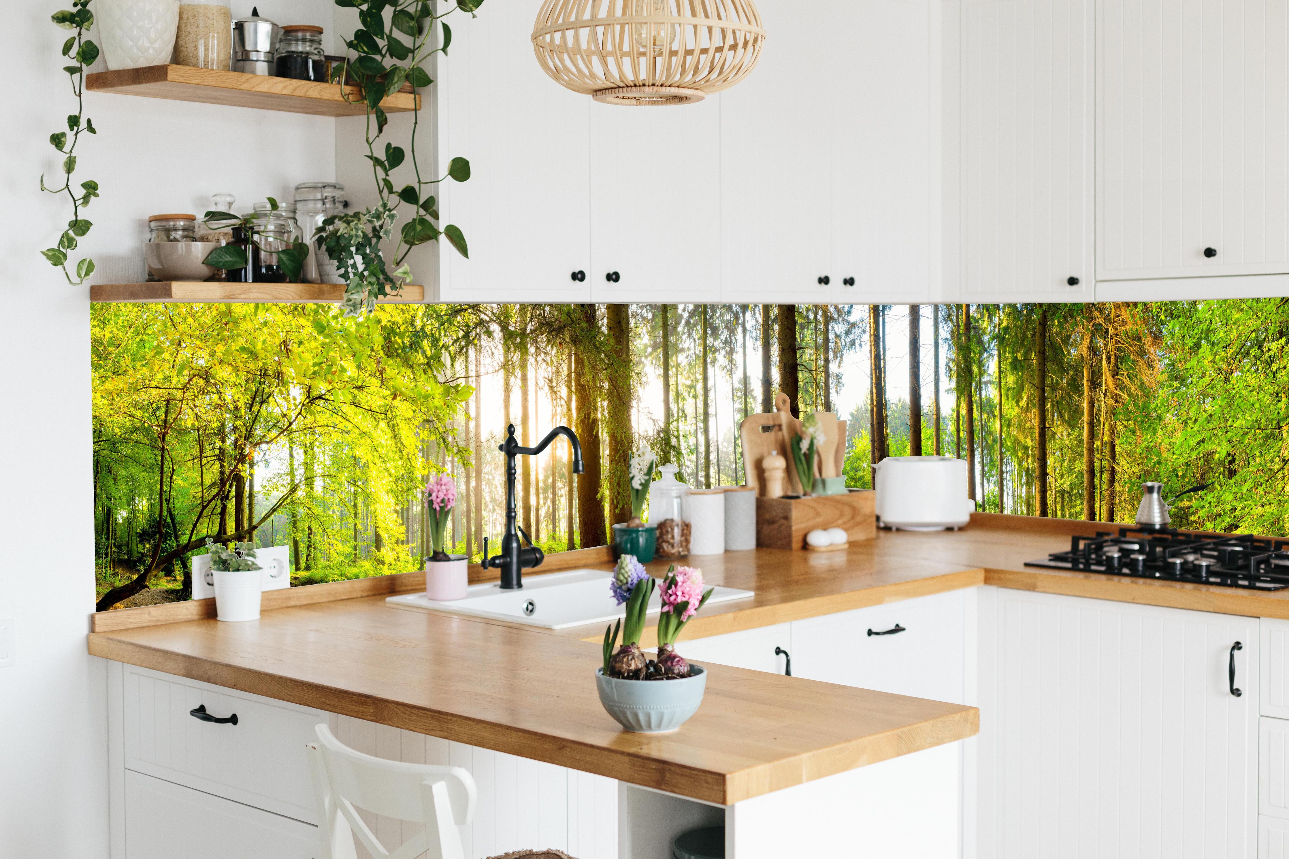 Küche - Sonnenlicht durchfluteter Wald Leinwandbild hinter weißen Hochglanz-Küchenregalen und schwarzem Wasserhahn