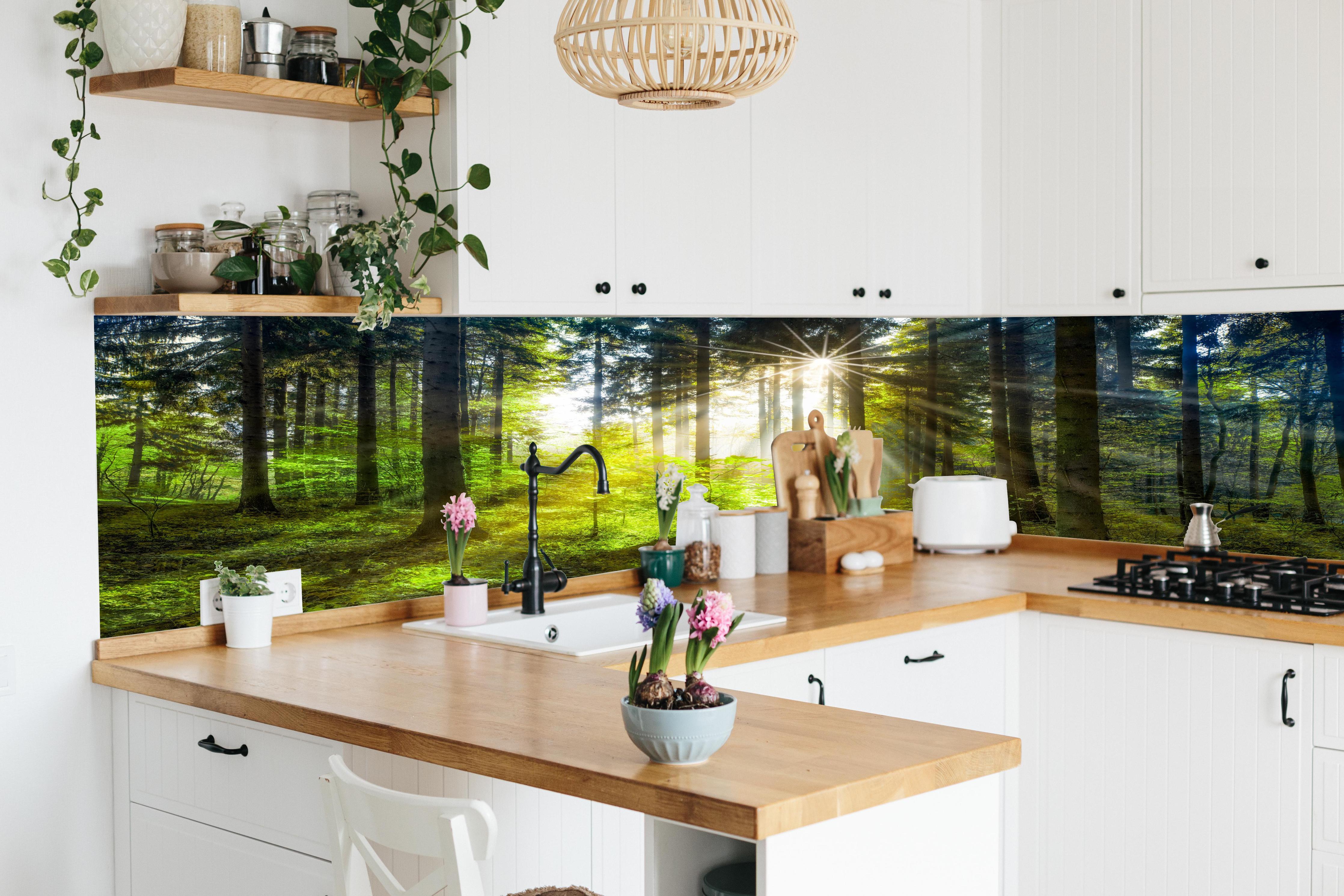 Küche - Sonnenstrahlen im lebendigem Wald  hinter weißen Hochglanz-Küchenregalen und schwarzem Wasserhahn
