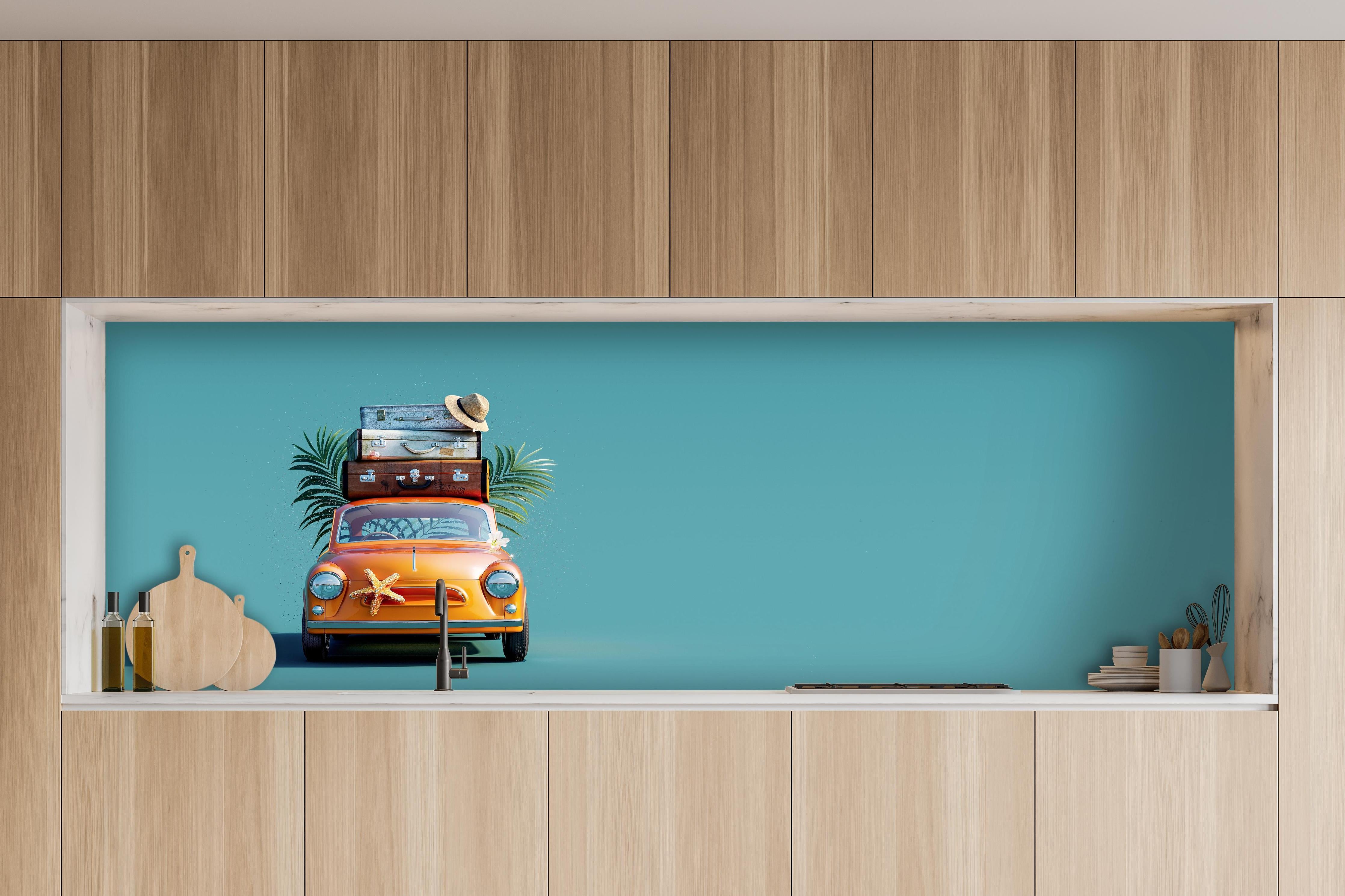 Küche - Spielzeugauto mit Reisegepäck - blauer Hintergrund hinter weißen Hochglanz-Küchenregalen und schwarzem Wasserhahn