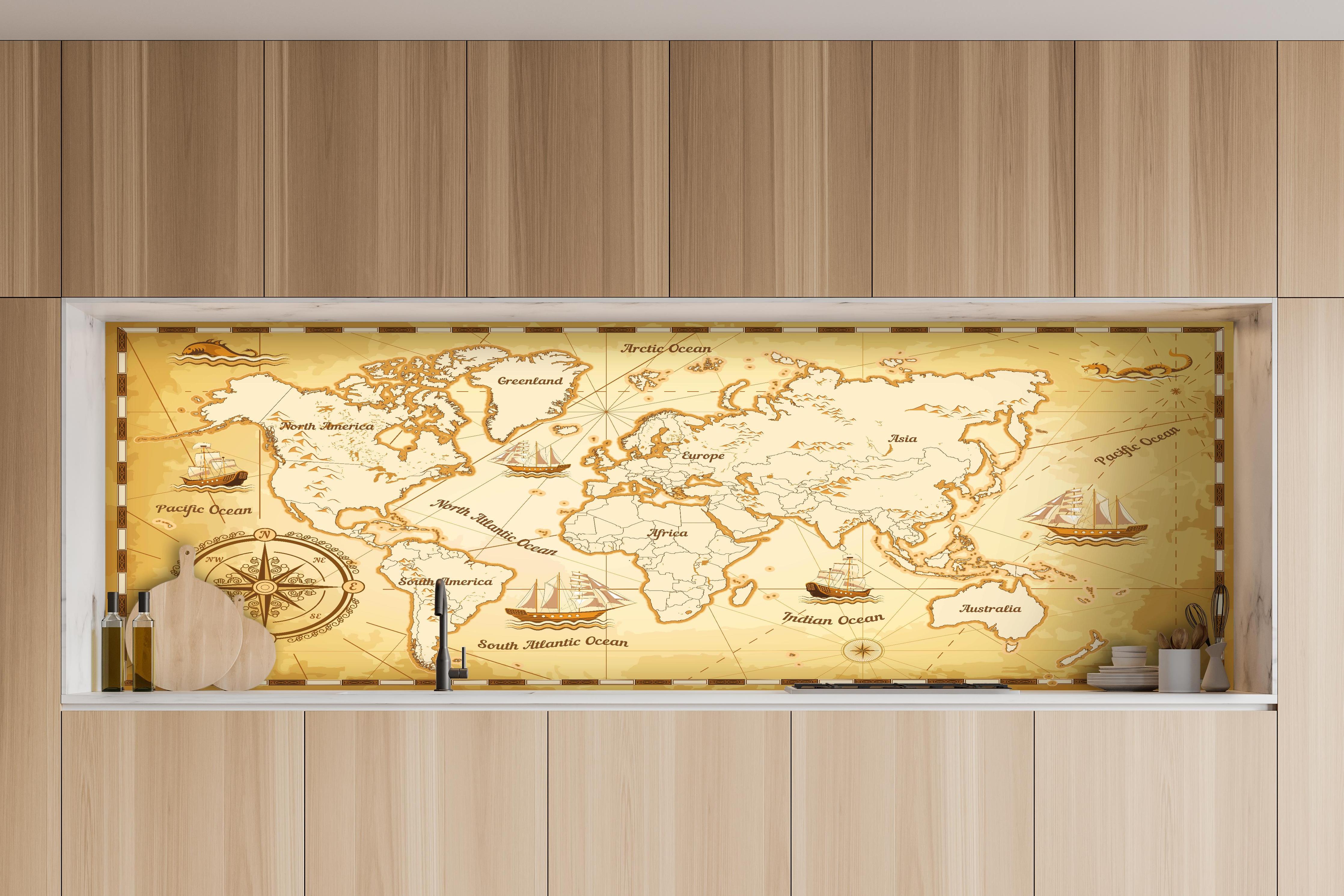 Küche - Stilisierte Vintage Weltkarte mit Segelschiffen hinter weißen Hochglanz-Küchenregalen und schwarzem Wasserhahn