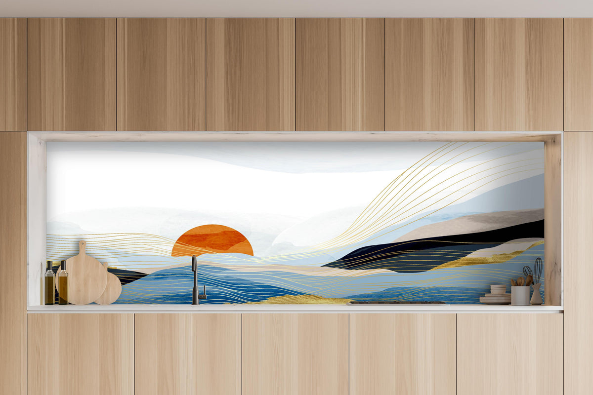 Küche - Stilisierte abstrakte Meer-Landschaft mit Sonne hinter weißen Hochglanz-Küchenregalen und schwarzem Wasserhahn