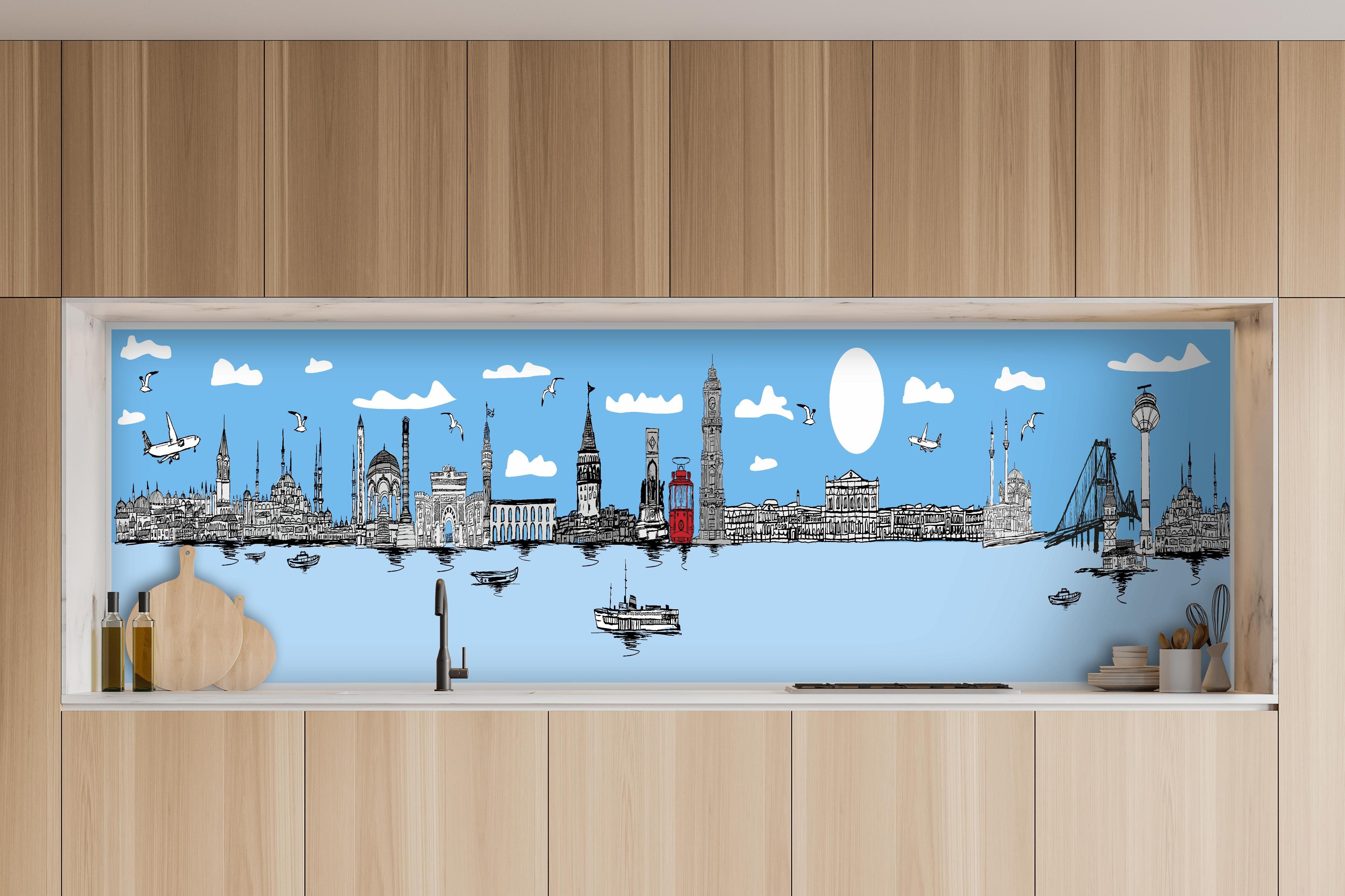 Küche - Stilvolles City Skyline Panorama Illustration hinter weißen Hochglanz-Küchenregalen und schwarzem Wasserhahn