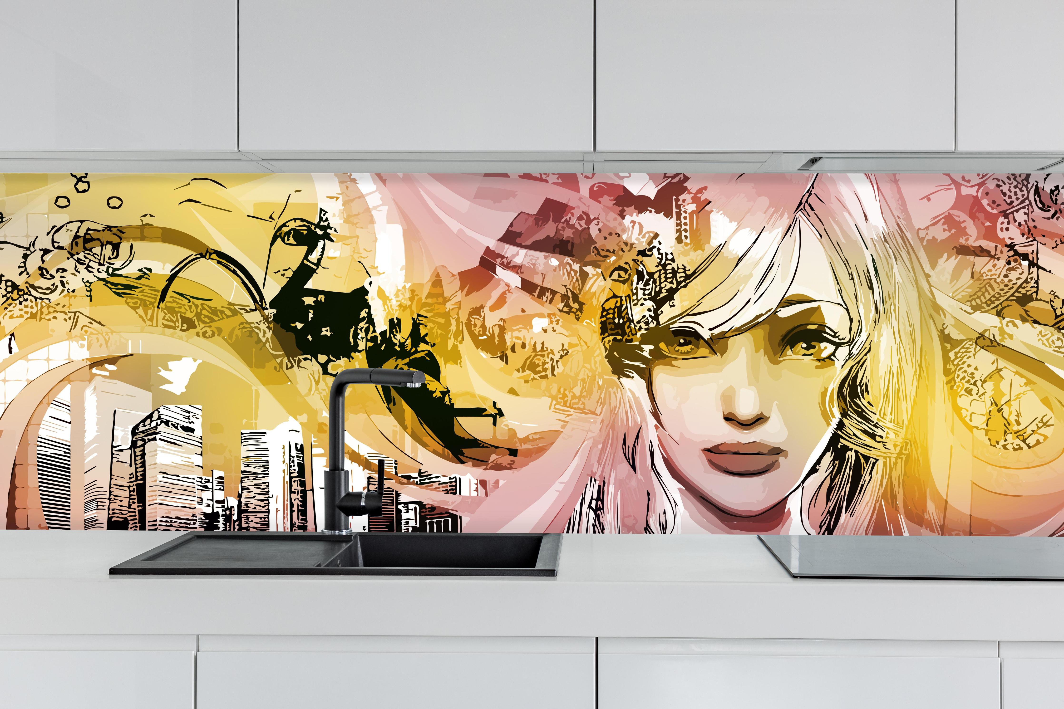 Küche - Street-Art Illustration Mädchen in Pink Gelb hinter weißen Hochglanz-Küchenregalen und schwarzem Wasserhahn