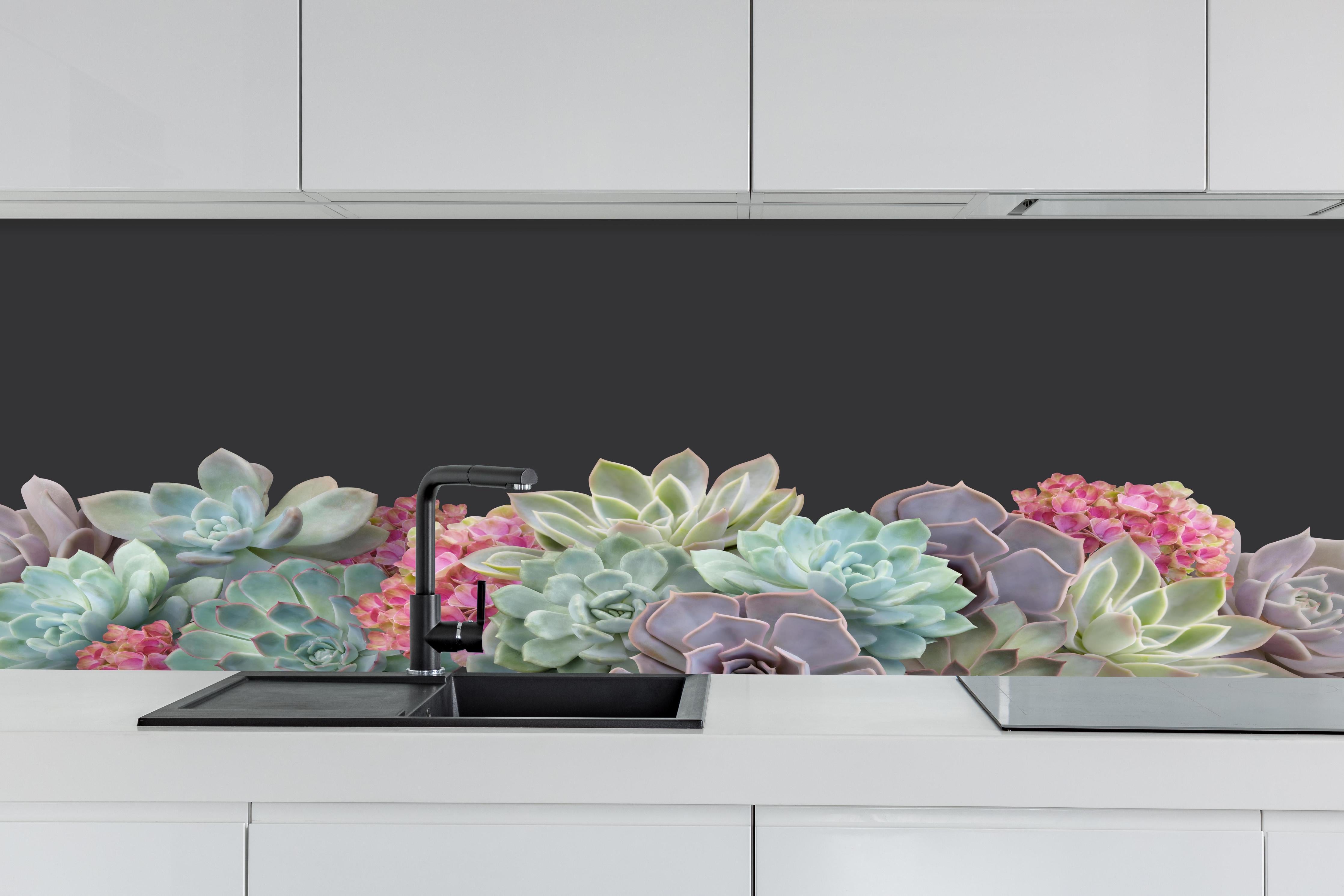 Küche - Sukkulente Blumen - Bunt hinter weißen Hochglanz-Küchenregalen und schwarzem Wasserhahn
