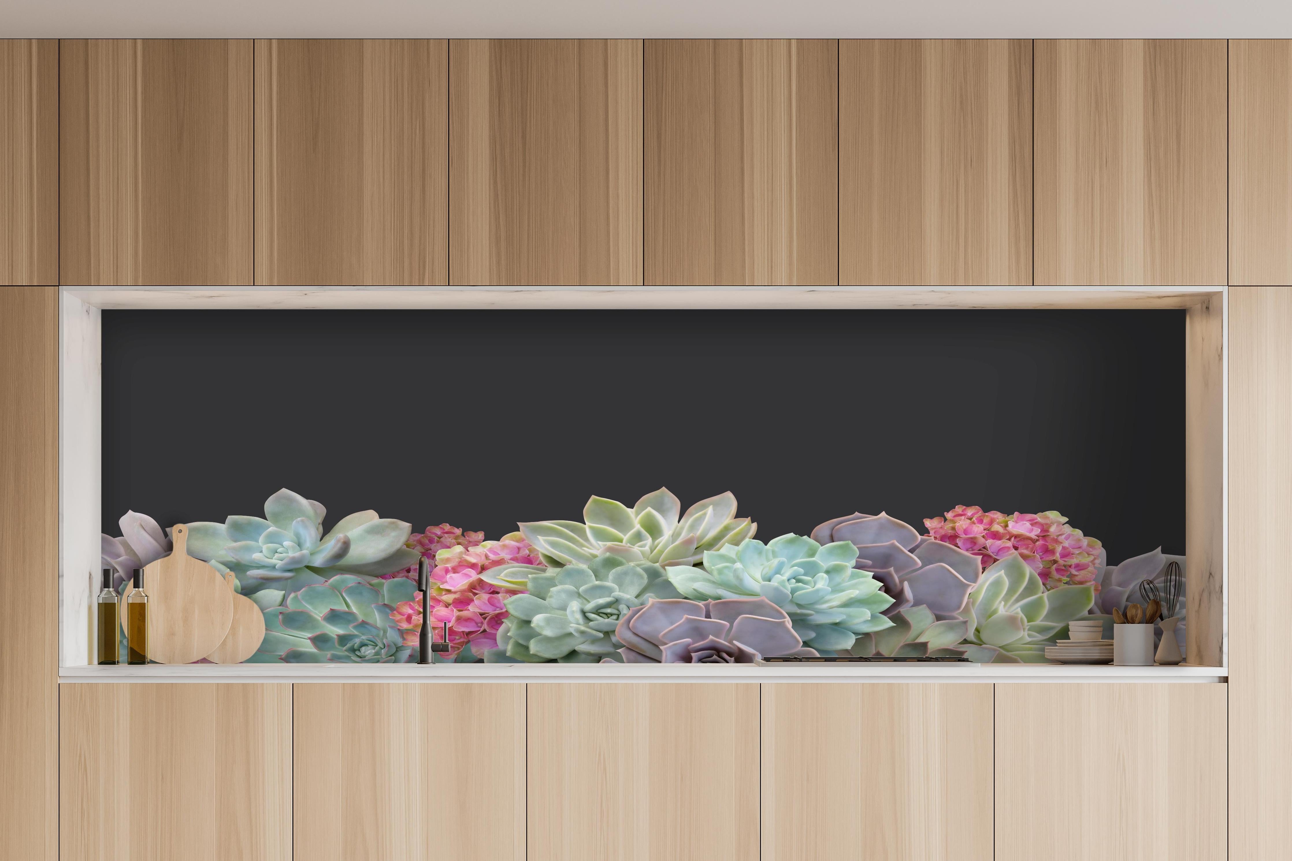 Küche - Sukkulente Blumen - Bunt hinter weißen Hochglanz-Küchenregalen und schwarzem Wasserhahn