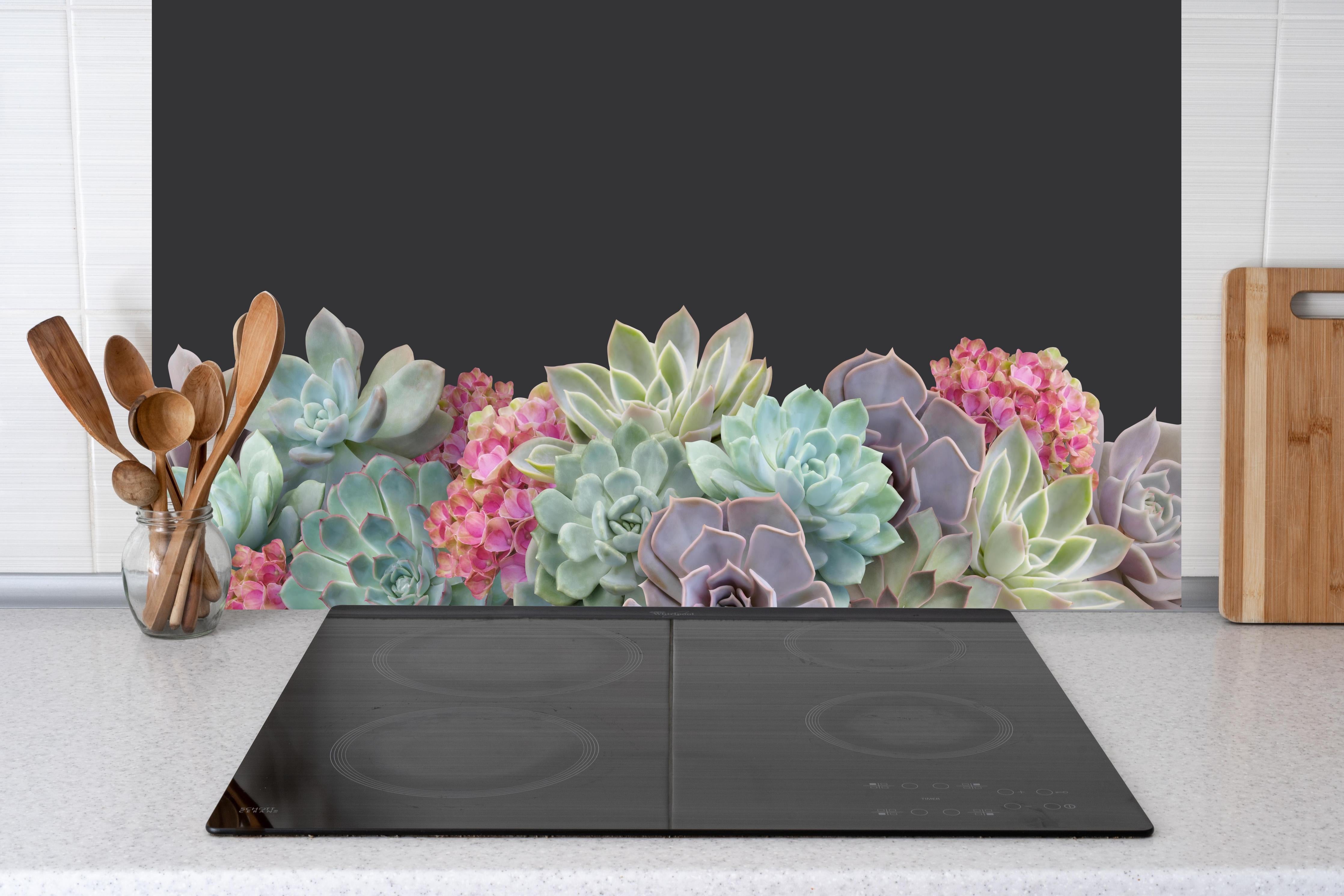 Küche - Sukkulente Blumen - Bunt hinter weißen Hochglanz-Küchenregalen und schwarzem Wasserhahn