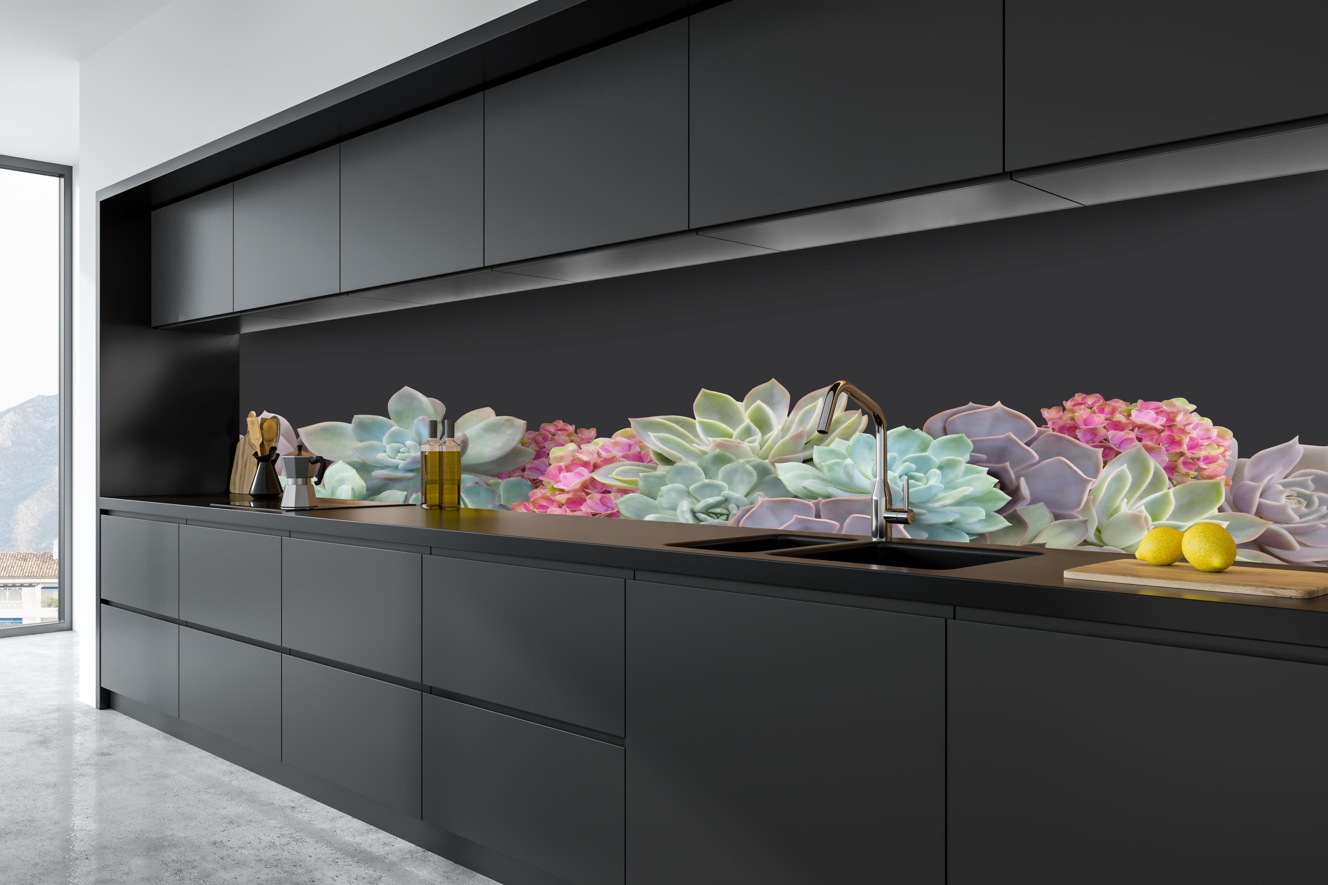Küche - Sukkulente Blumen - Bunt hinter weißen Hochglanz-Küchenregalen und schwarzem Wasserhahn