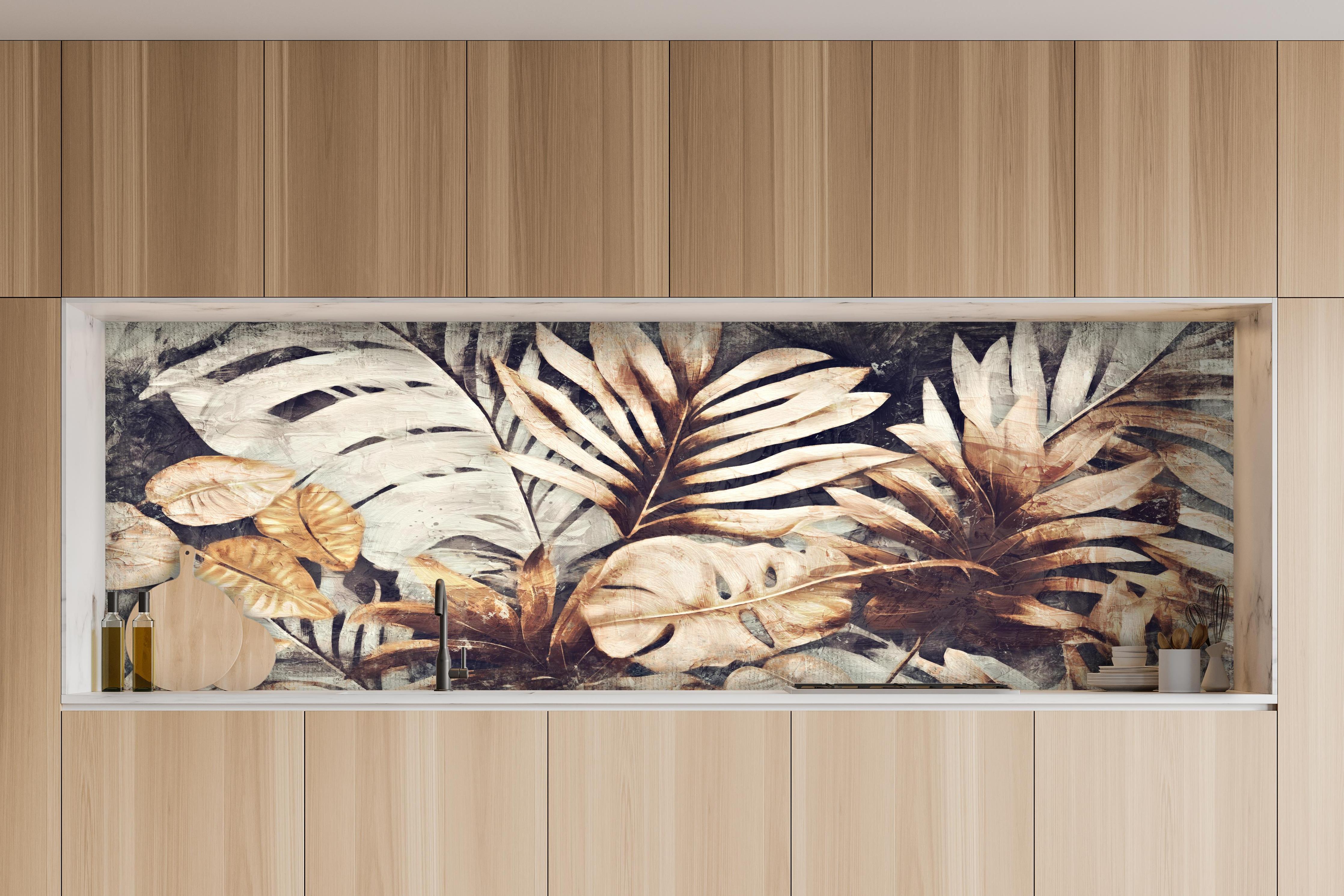 Küche - Tropische Pflanzen Kunst Textur Gelb Grün hinter weißen Hochglanz-Küchenregalen und schwarzem Wasserhahn