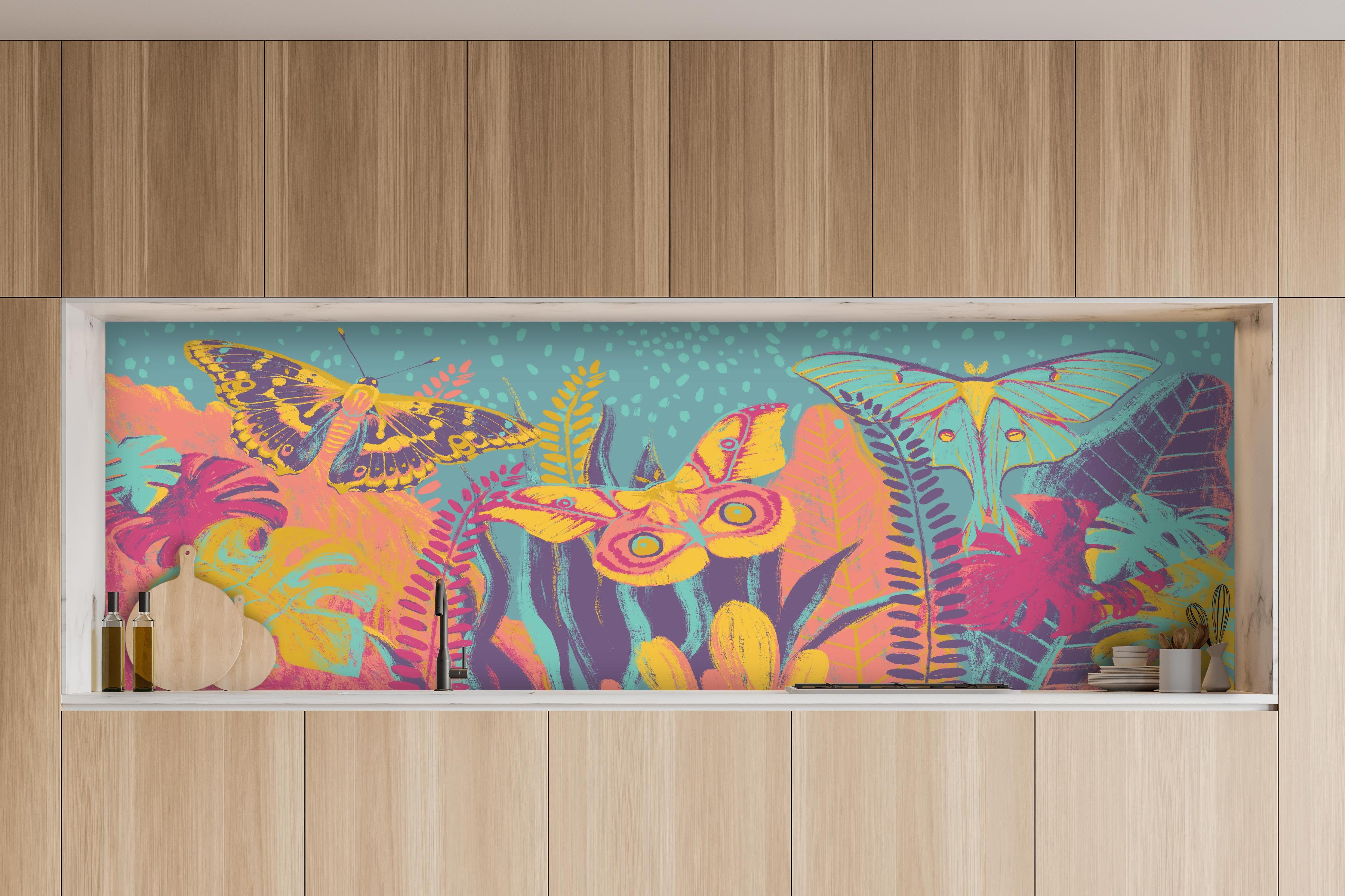 Küche - Tropischer Blick - Bunt hinter weißen Hochglanz-Küchenregalen und schwarzem Wasserhahn