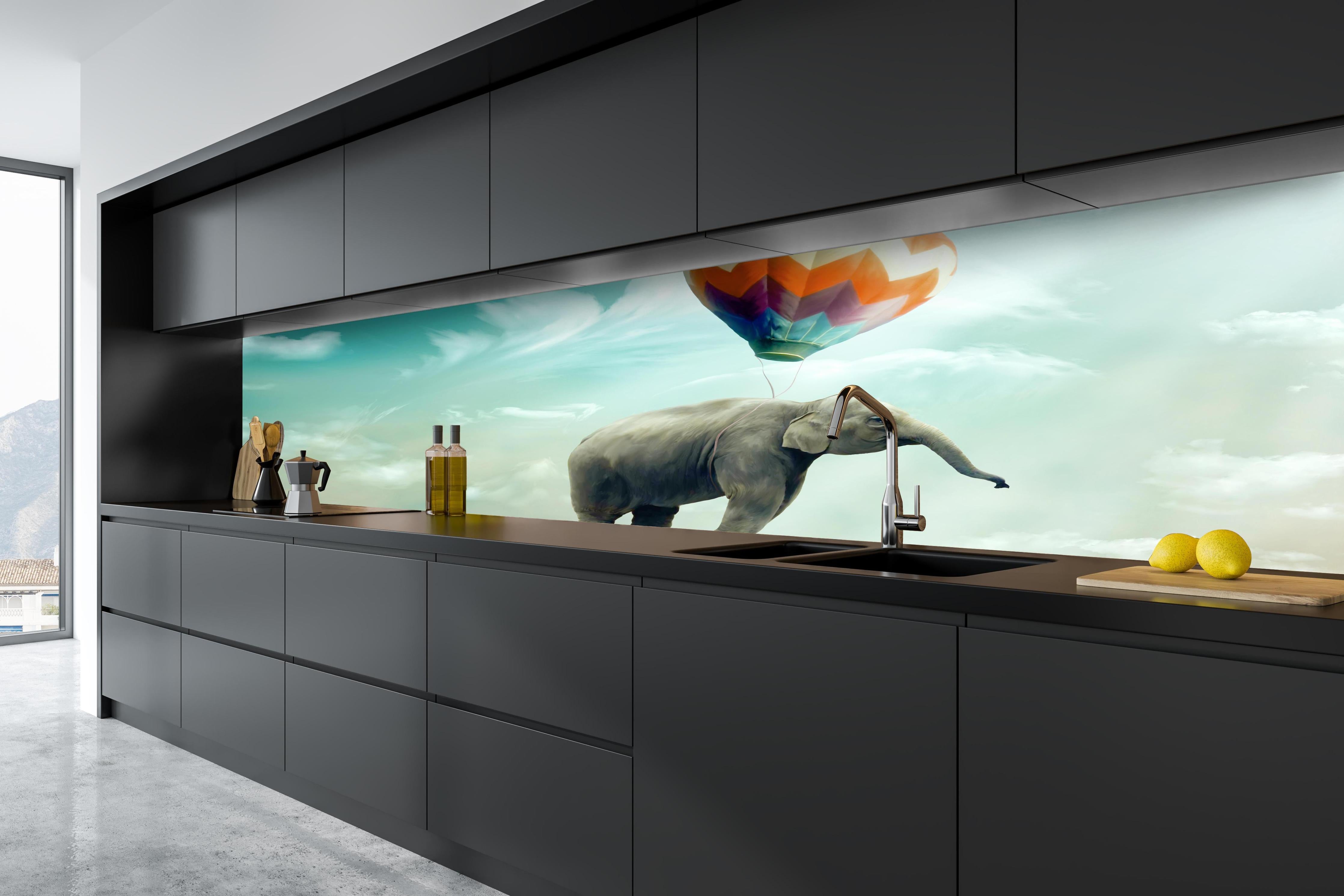 Küche - Unrealistische Darstellung  hinter weißen Hochglanz-Küchenregalen und schwarzem Wasserhahn