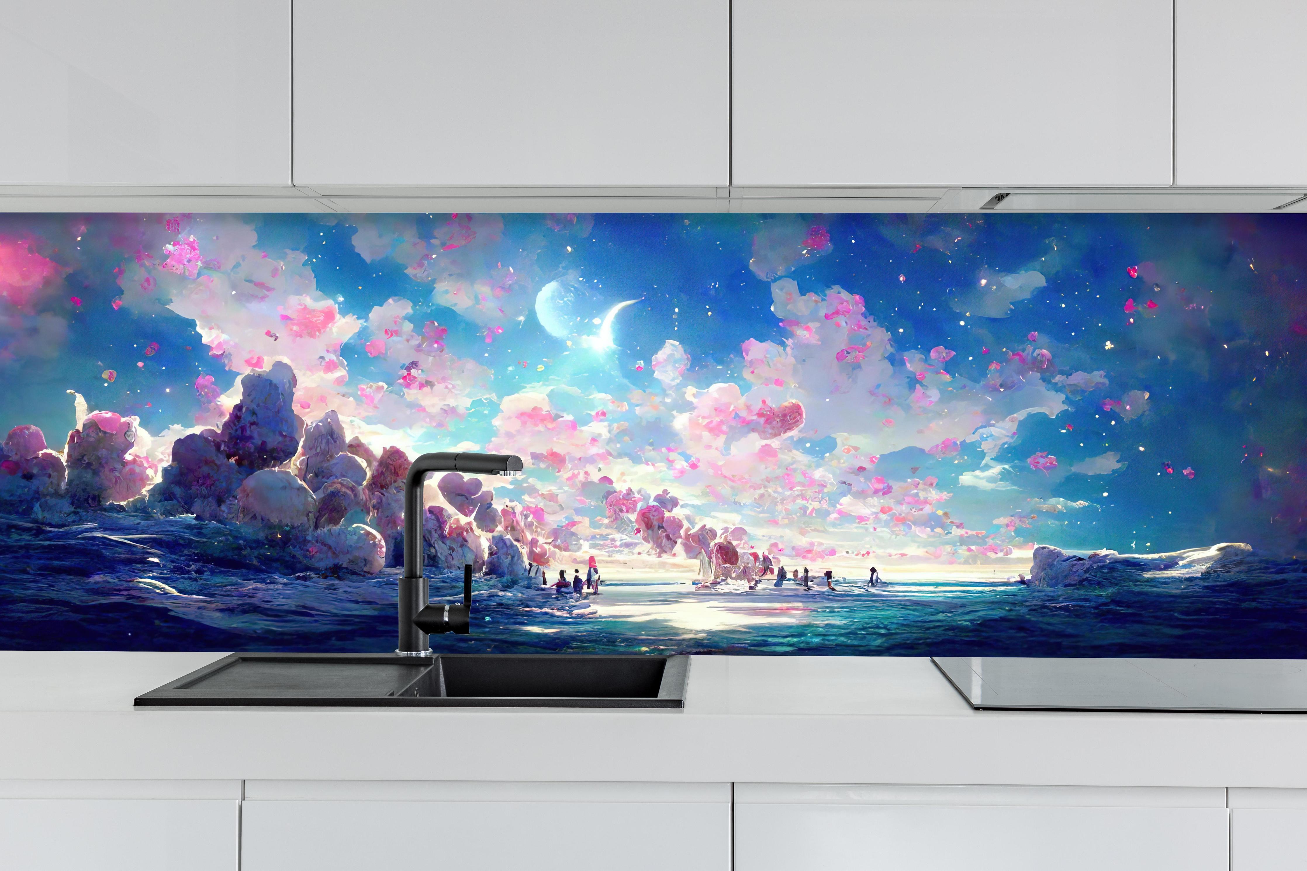 Küche - Verträumte Meeresansicht mit Rosa Wolken hinter weißen Hochglanz-Küchenregalen und schwarzem Wasserhahn