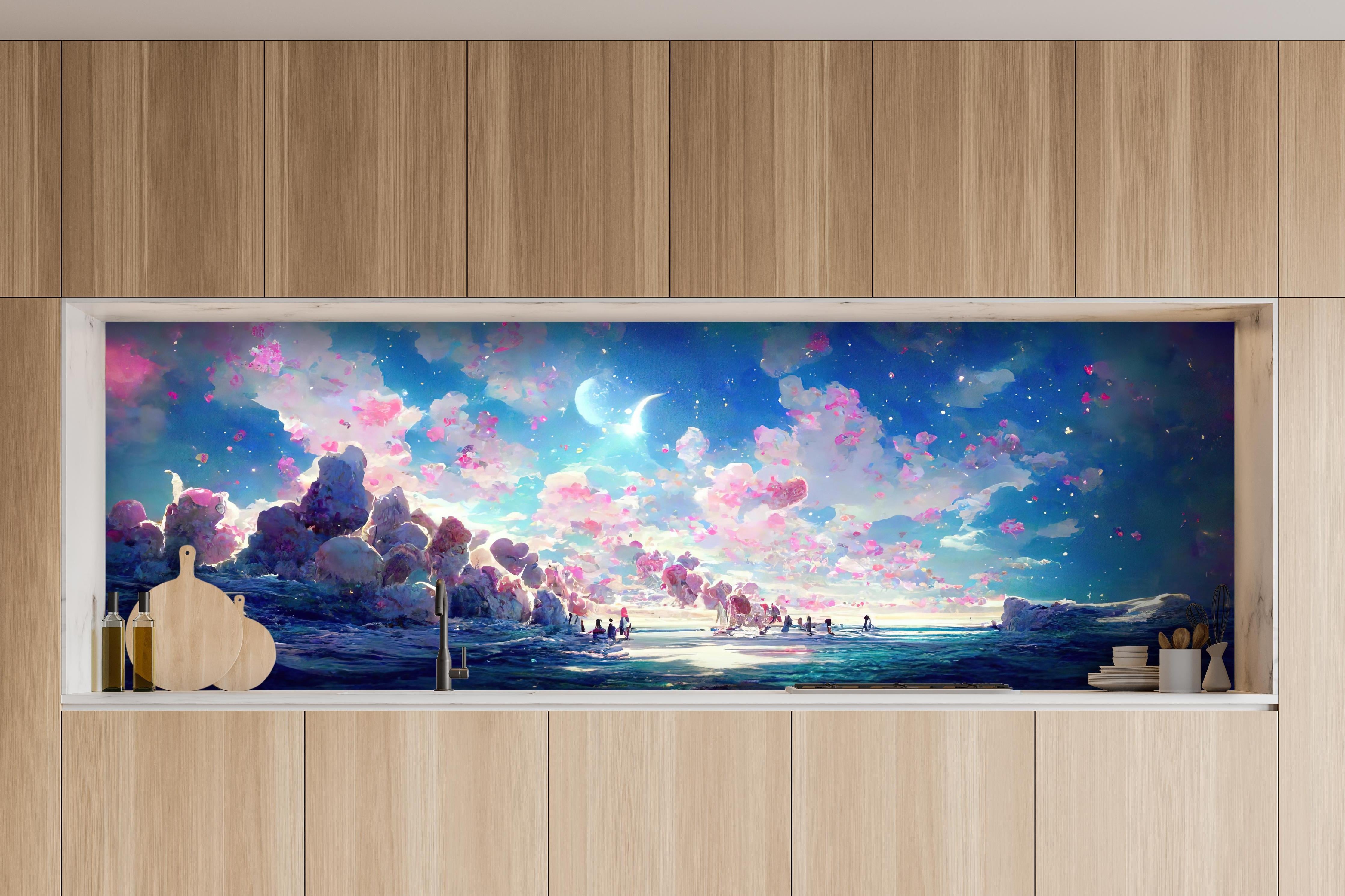 Küche - Verträumte Meeresansicht mit Rosa Wolken hinter weißen Hochglanz-Küchenregalen und schwarzem Wasserhahn