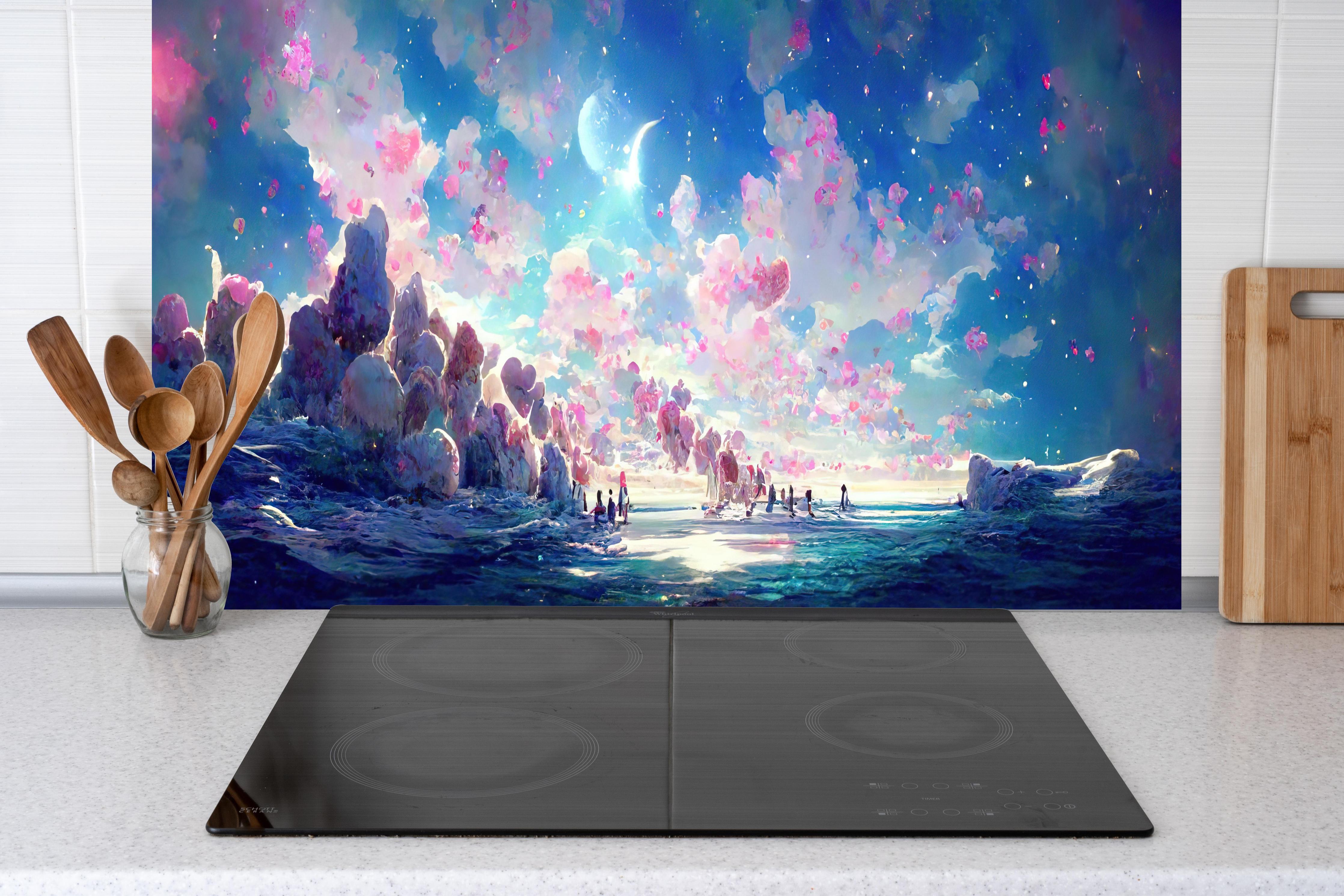 Küche - Verträumte Meeresansicht mit Rosa Wolken hinter weißen Hochglanz-Küchenregalen und schwarzem Wasserhahn