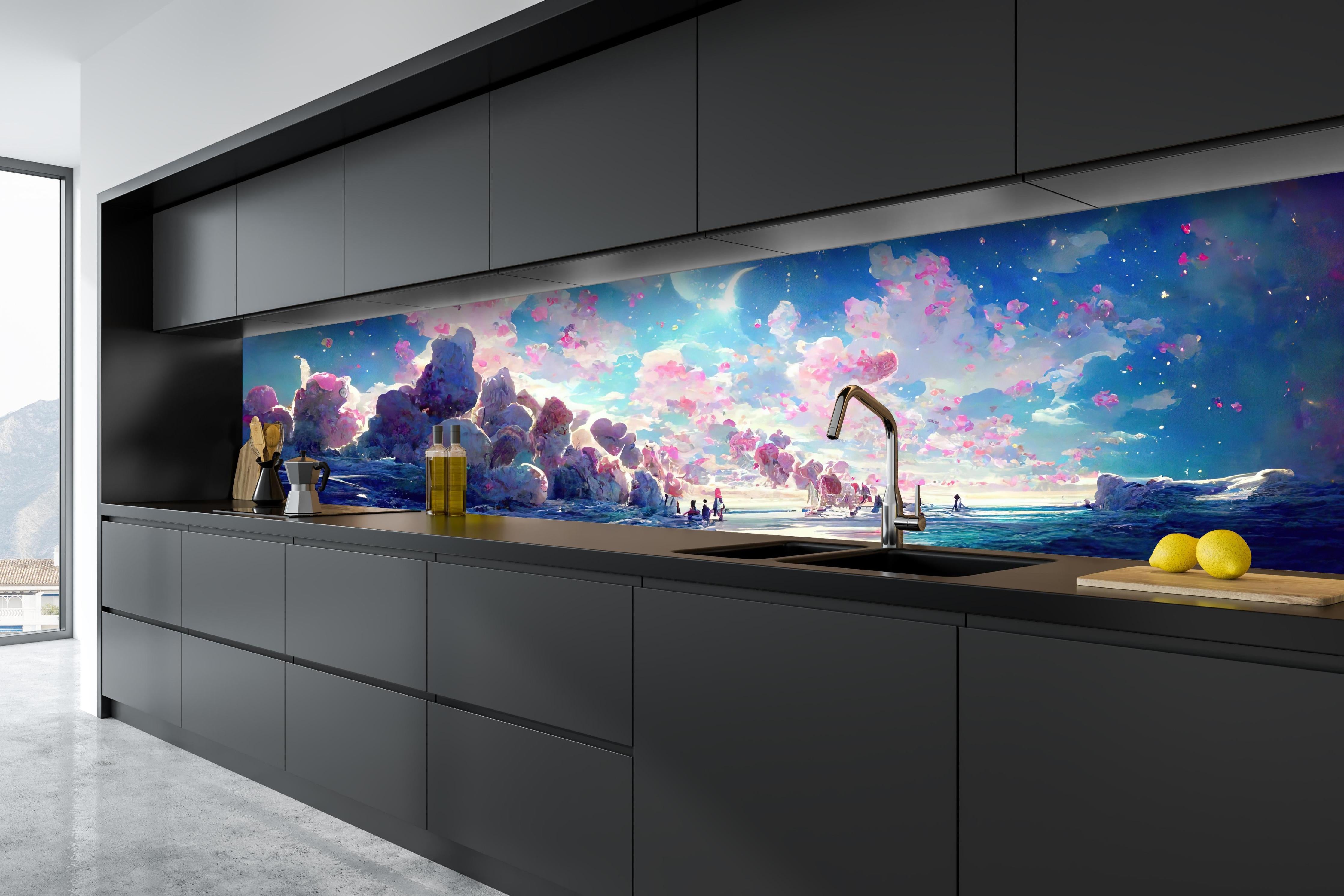 Küche - Verträumte Meeresansicht mit Rosa Wolken hinter weißen Hochglanz-Küchenregalen und schwarzem Wasserhahn