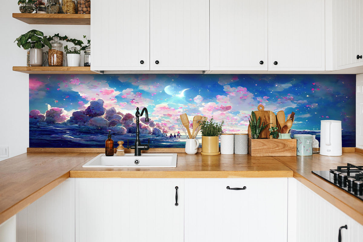 Küche - Verträumte Meeresansicht mit Rosa Wolken hinter weißen Hochglanz-Küchenregalen und schwarzem Wasserhahn