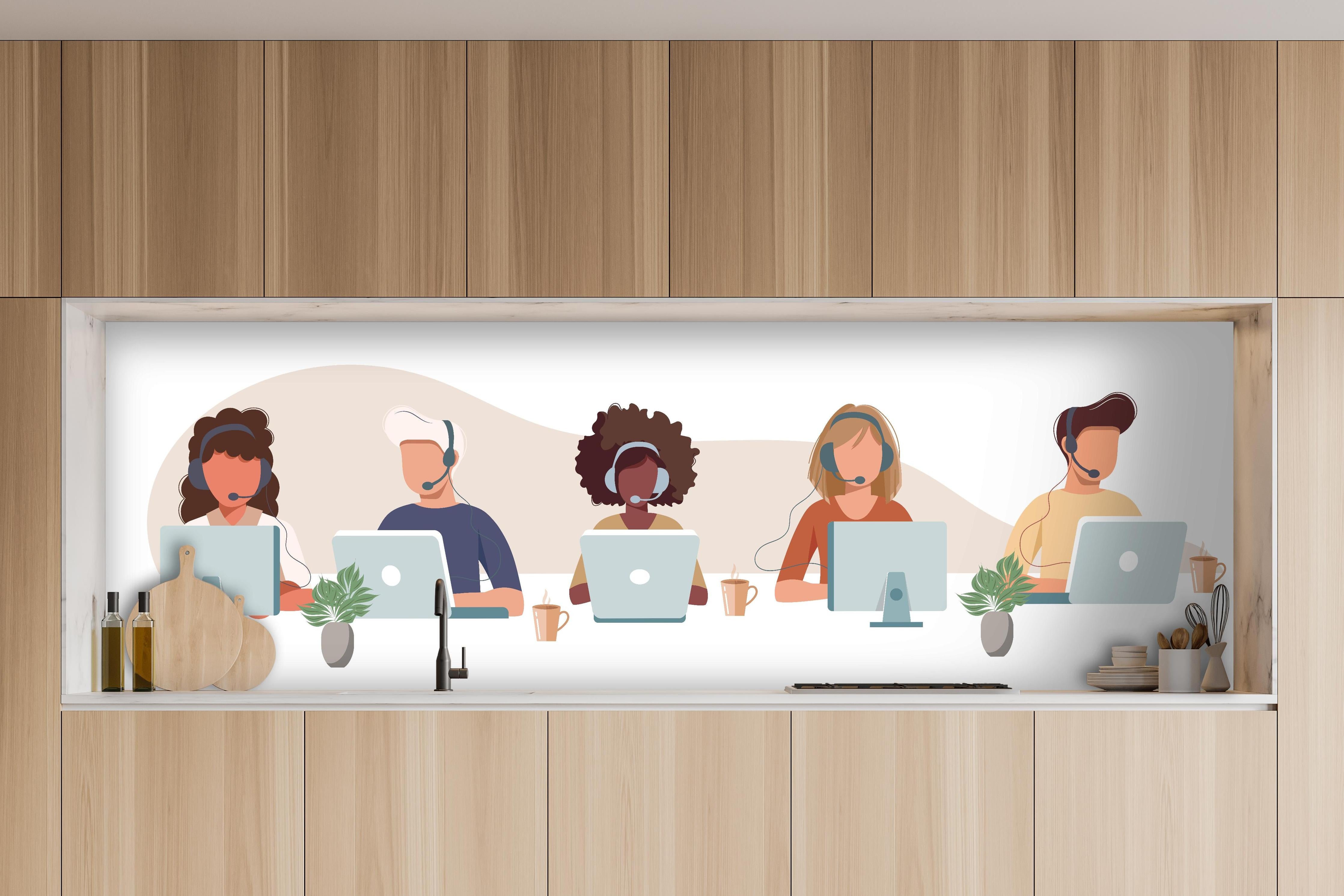 Küche - Vielfältiges Team bei der Arbeit Illustration hinter weißen Hochglanz-Küchenregalen und schwarzem Wasserhahn